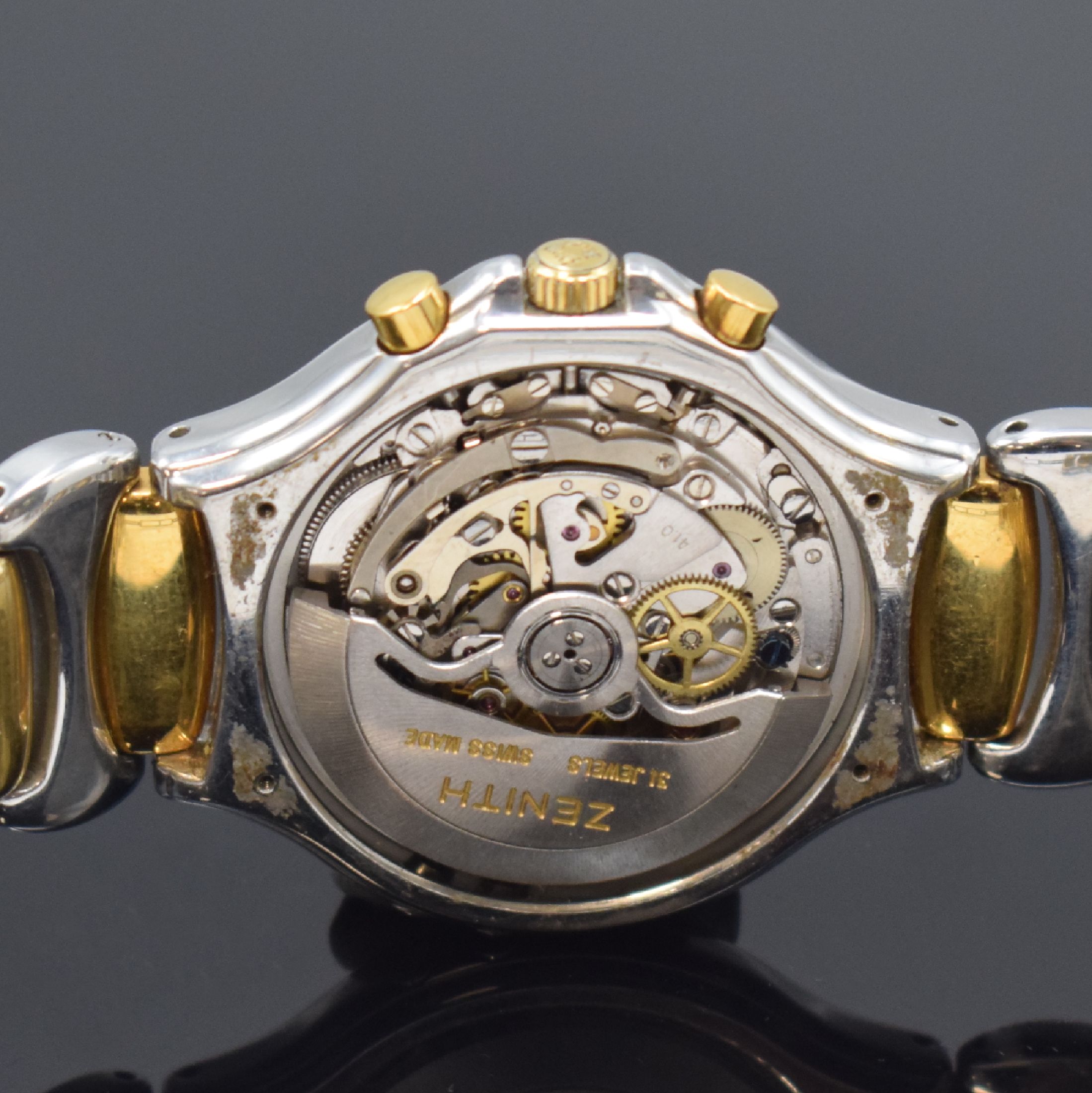 Detail e: ZENITH Academy Herrenarmbanduhr mit Schaltradchronograph und Vollkalender Referenz 59.6000.410,, Schweiz um 1985, Automatik, Edelstahl/Gold komb. ...