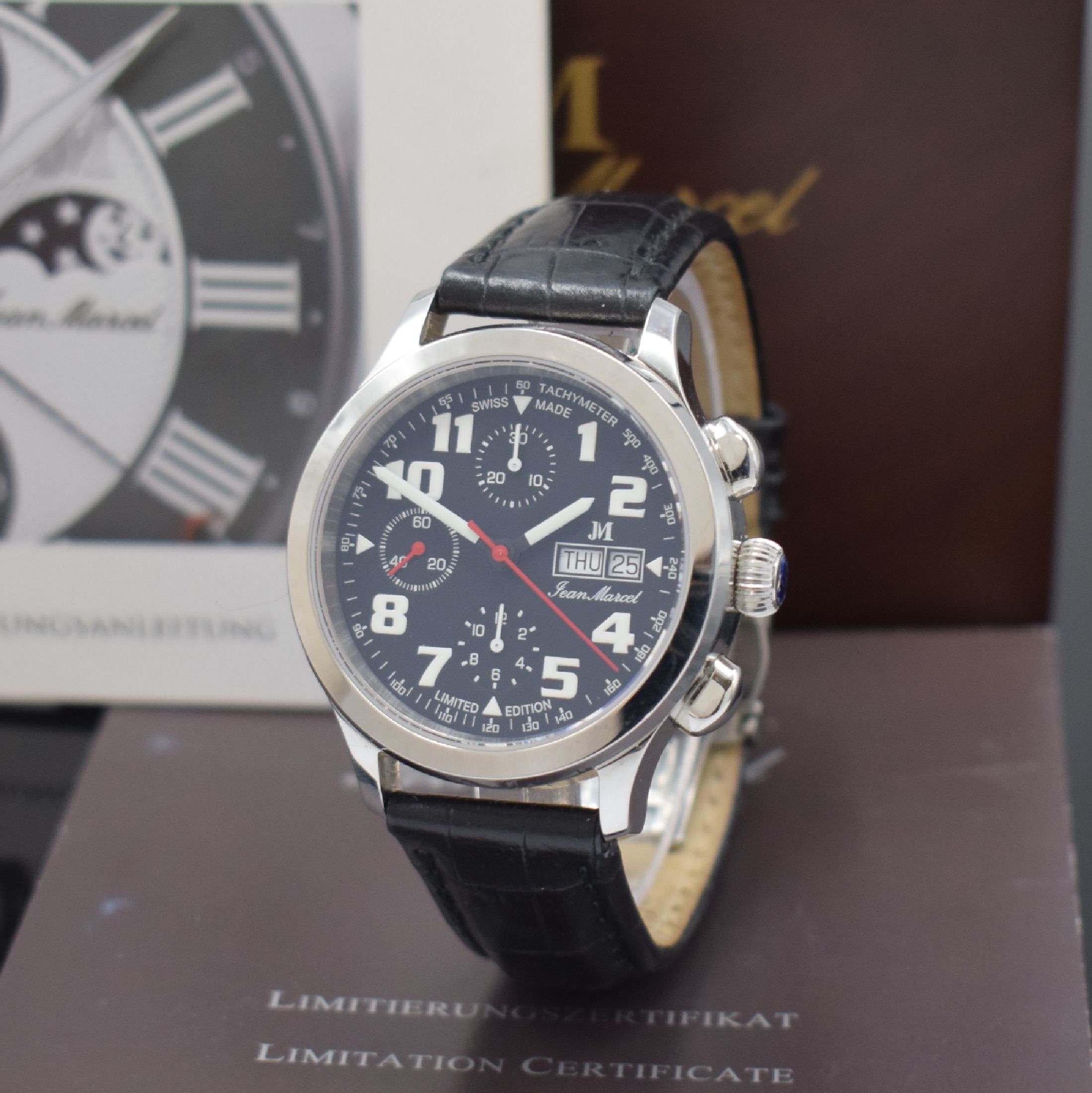 JEAN MARCEL Aviator auf 300 Stück limitierter Armbandchronograph in Stahl, Schweiz um 2010, Automatik, beids. vergl. Geh., Boden 5- fach verschr., ...