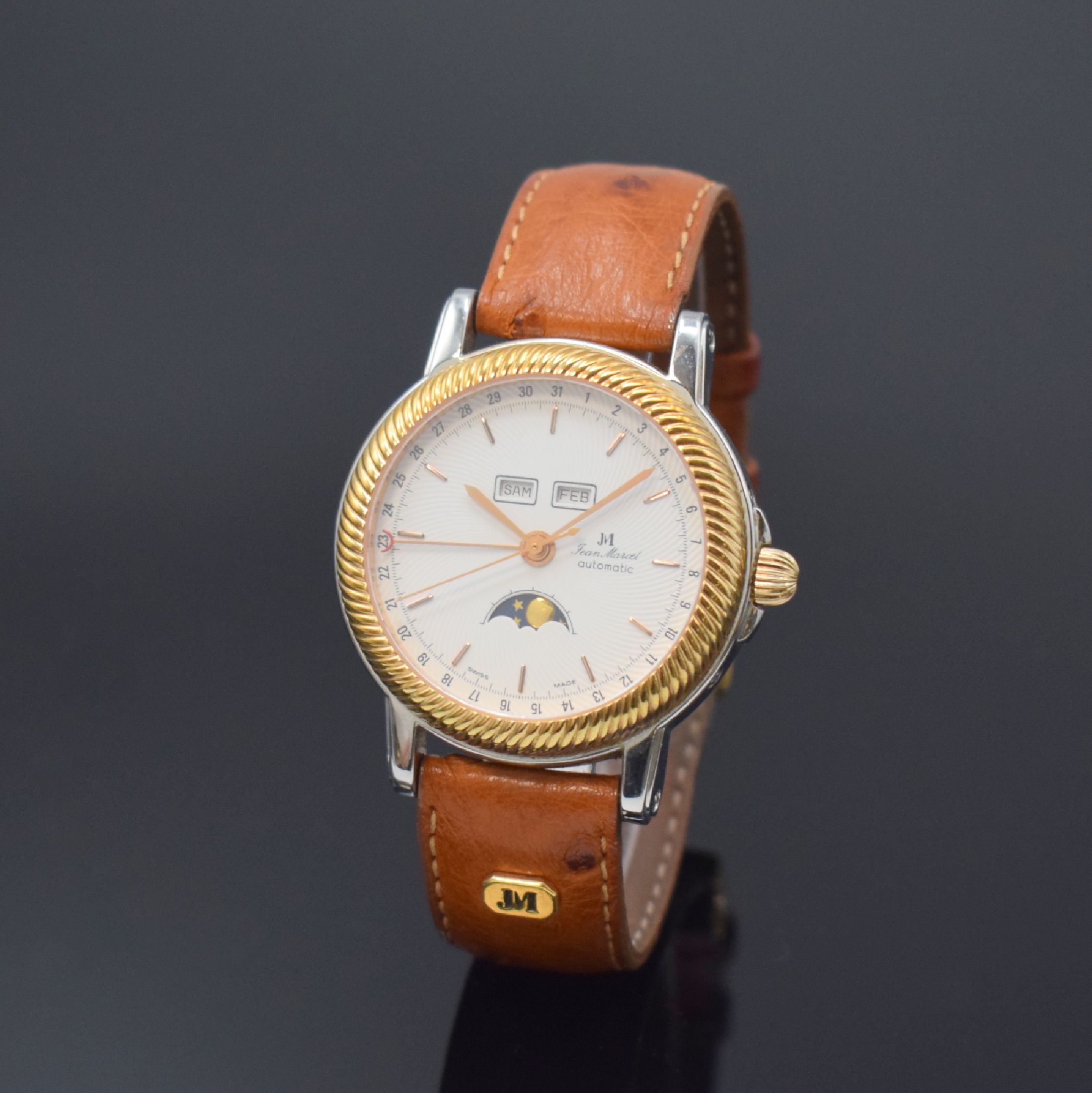 JEAN MARCEL Innovation 2000 Herrenarmbanduhr mit Vollkalender in Stahl/Gold, Schweiz um 1997, Automatik, beids. vergl. Geh., Boden 4- fach verschr., ...