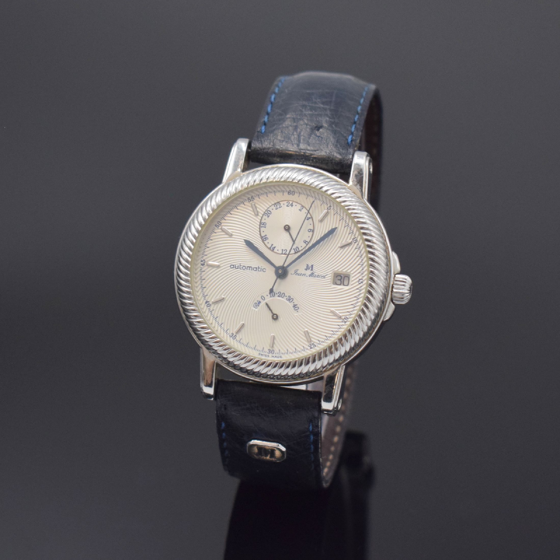 JEAN Marcel Herrenarmbanduhr Innovation 2000 in Stahl, Schweiz um 2003, Automatik, beids. vergl. Geh., Boden 4-fach verschr., orig. Lederband (zu ...
