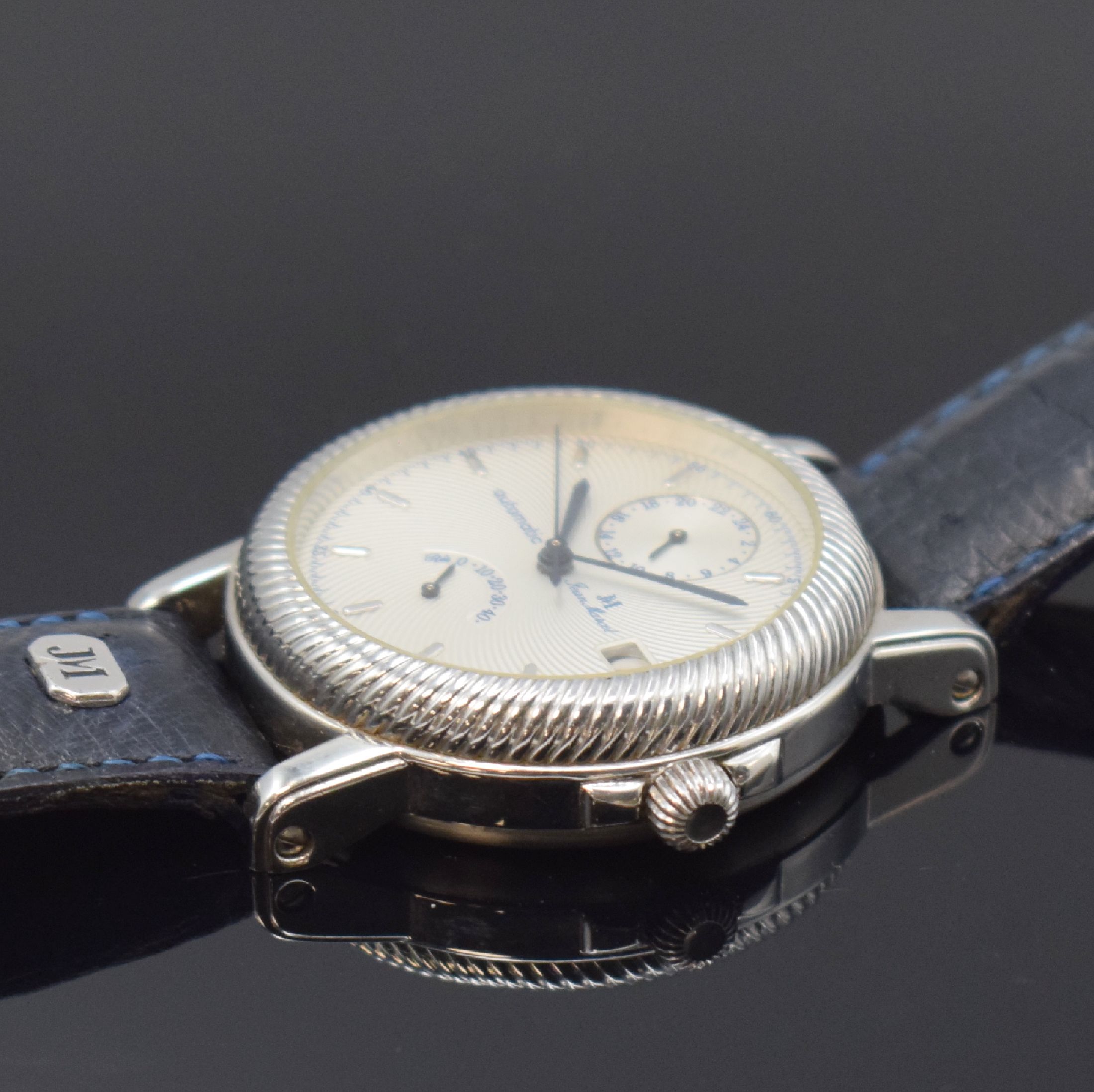Detail c: JEAN Marcel Herrenarmbanduhr Innovation 2000 in Stahl, Schweiz um 2003, Automatik, beids. vergl. Geh., Boden 4-fach verschr., orig. Lederband (zu ...