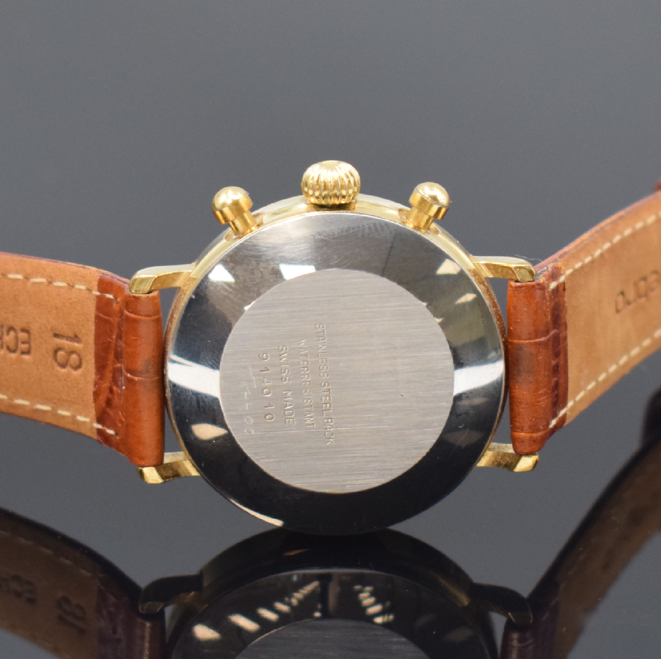 Detail c: BWC vergoldete Armbanduhr mit Chronograph, Schweiz um 1985, Handaufzug, Stahlboden gedr., Lederband m. orig. Dornschl., silb. Zifferbl. m. röm. ...