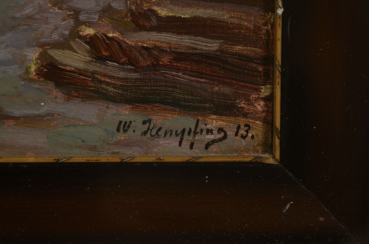 Detail a: Wilhelm Hempfing, 1886 Schönau-1948 Karlsruhe, "Regenstimmung, Neckarsteinach" so auf altem Etikett bez., Öl/Malkarton, rechts unten ...