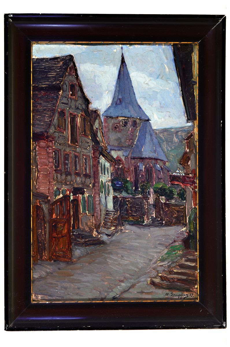 Detail k: Wilhelm Hempfing, 1886 Schönau-1948 Karlsruhe, "Regenstimmung, Neckarsteinach" so auf altem Etikett bez., Öl/Malkarton, rechts unten ...