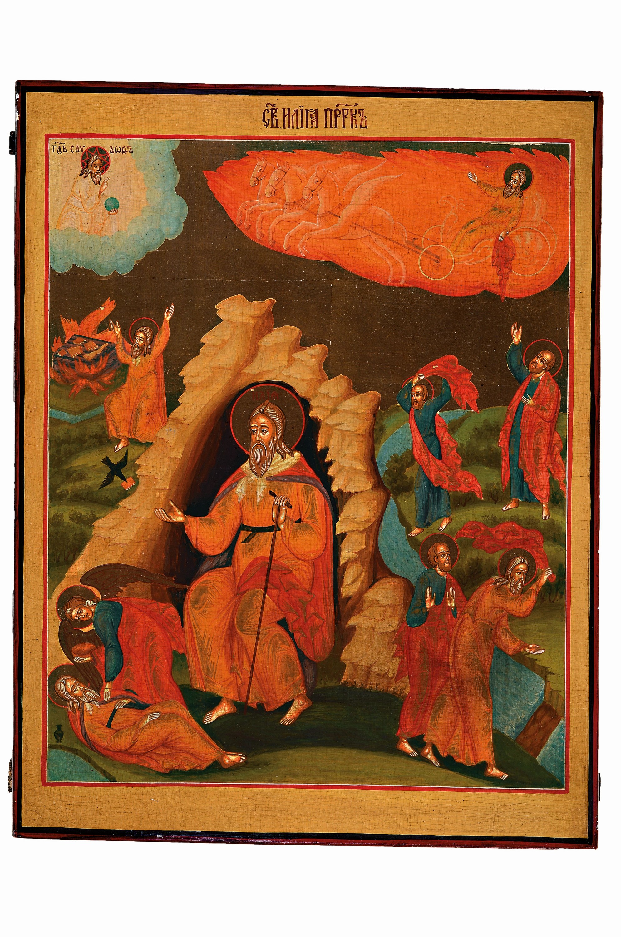 Ikone, Russland, 19./20.Jh., Tempera auf Holz, goldgehöht, Vita des Propheten Elias, Szenen der Ernährung durch den Raben, Schlagen und überqueren ...