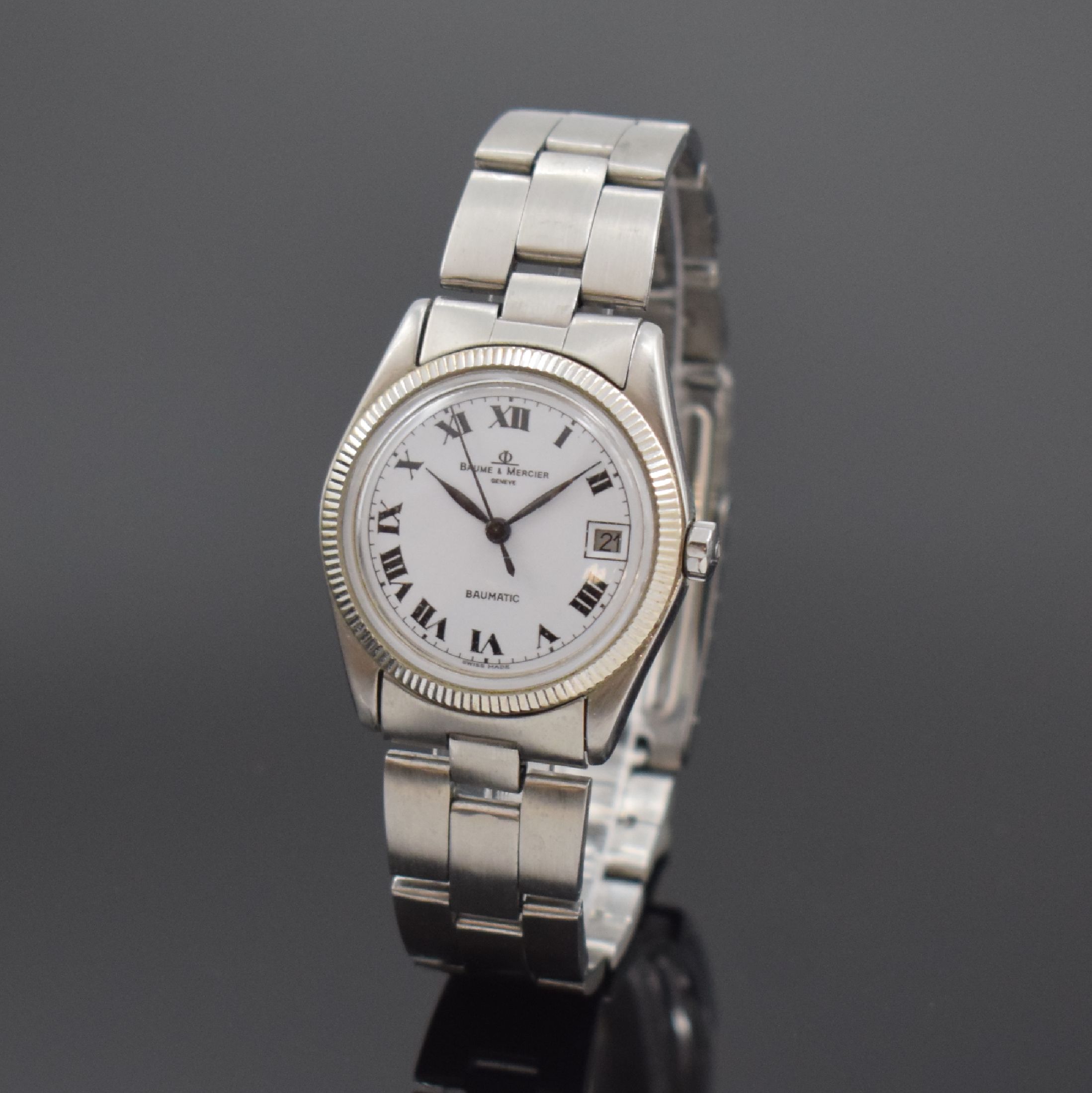 BAUME & MERCIER Baumatic Damenarmbanduhr, Automatik, Schweiz um 1970, Edelstahl inkl. Gliederband m. Faltschl., Boden geschr., Datum, Kal. BM 860, 17 ...