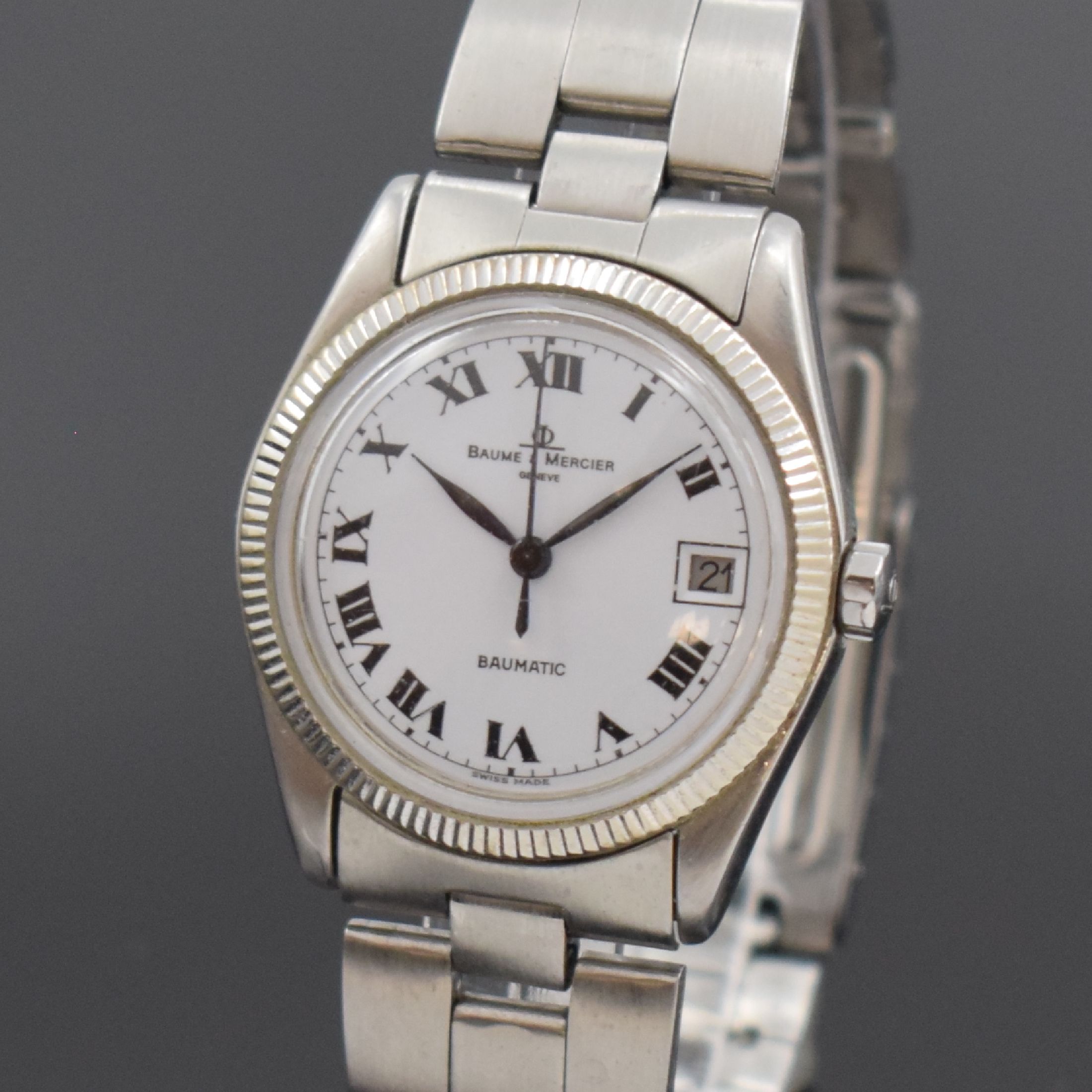 Detail a: BAUME & MERCIER Baumatic Damenarmbanduhr, Automatik, Schweiz um 1970, Edelstahl inkl. Gliederband m. Faltschl., Boden geschr., Datum, Kal. BM 860, 17 ...