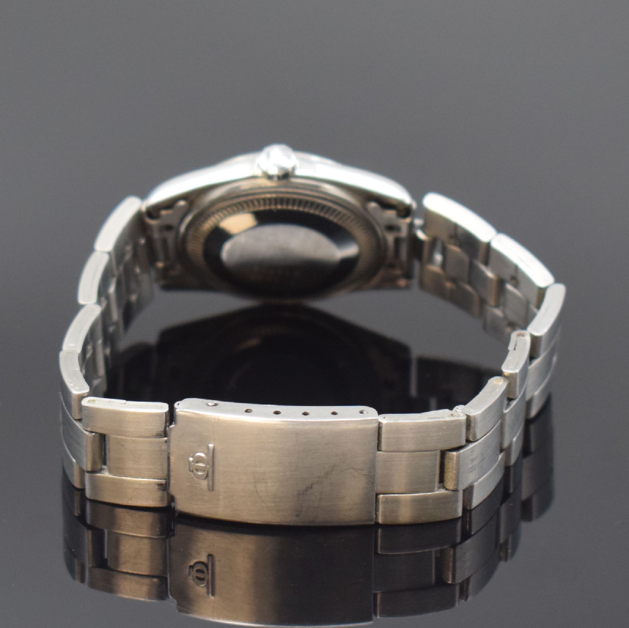 Detail b: BAUME & MERCIER Baumatic Damenarmbanduhr, Automatik, Schweiz um 1970, Edelstahl inkl. Gliederband m. Faltschl., Boden geschr., Datum, Kal. BM 860, 17 ...
