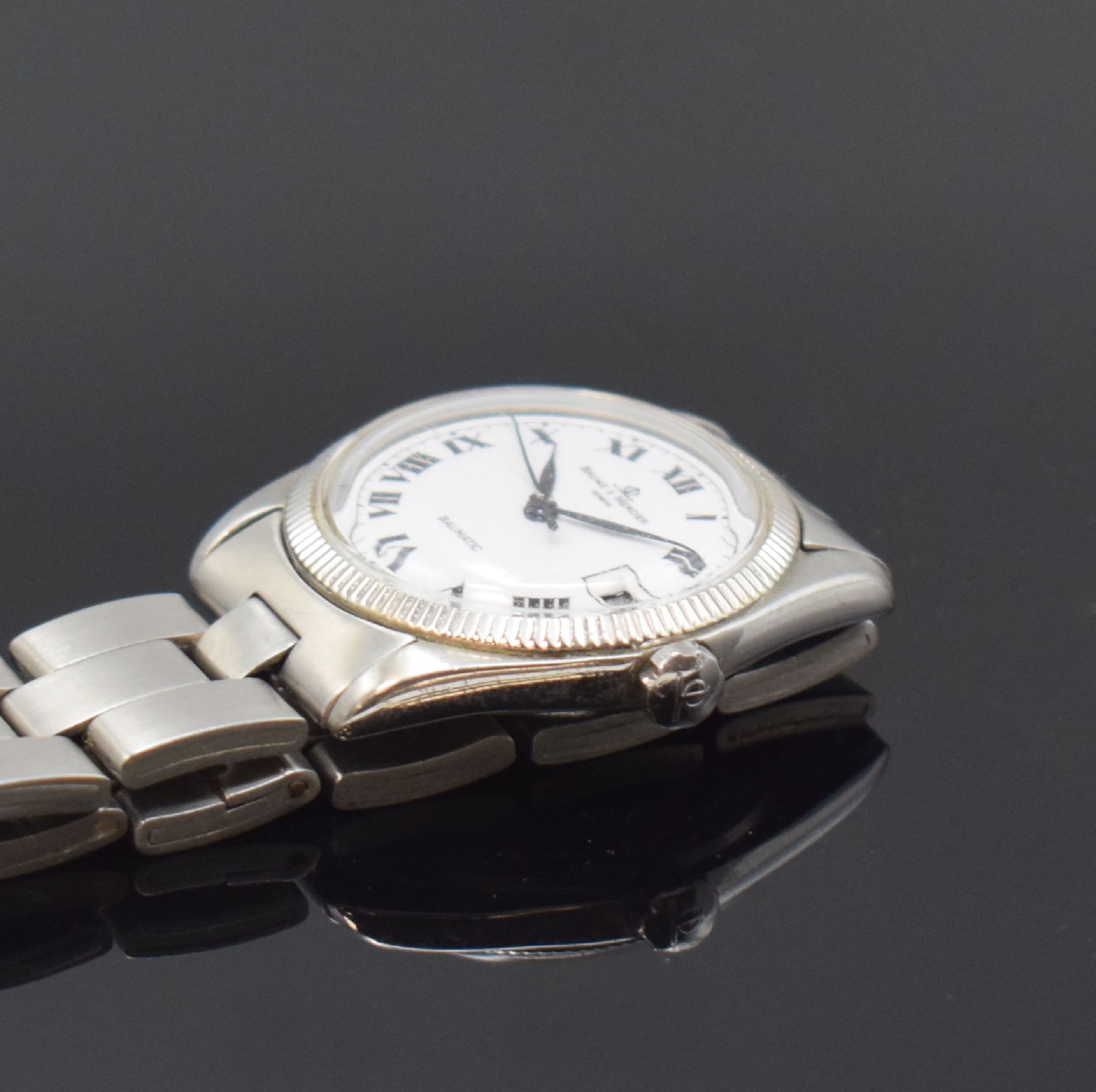 Detail c: BAUME & MERCIER Baumatic Damenarmbanduhr, Automatik, Schweiz um 1970, Edelstahl inkl. Gliederband m. Faltschl., Boden geschr., Datum, Kal. BM 860, 17 ...