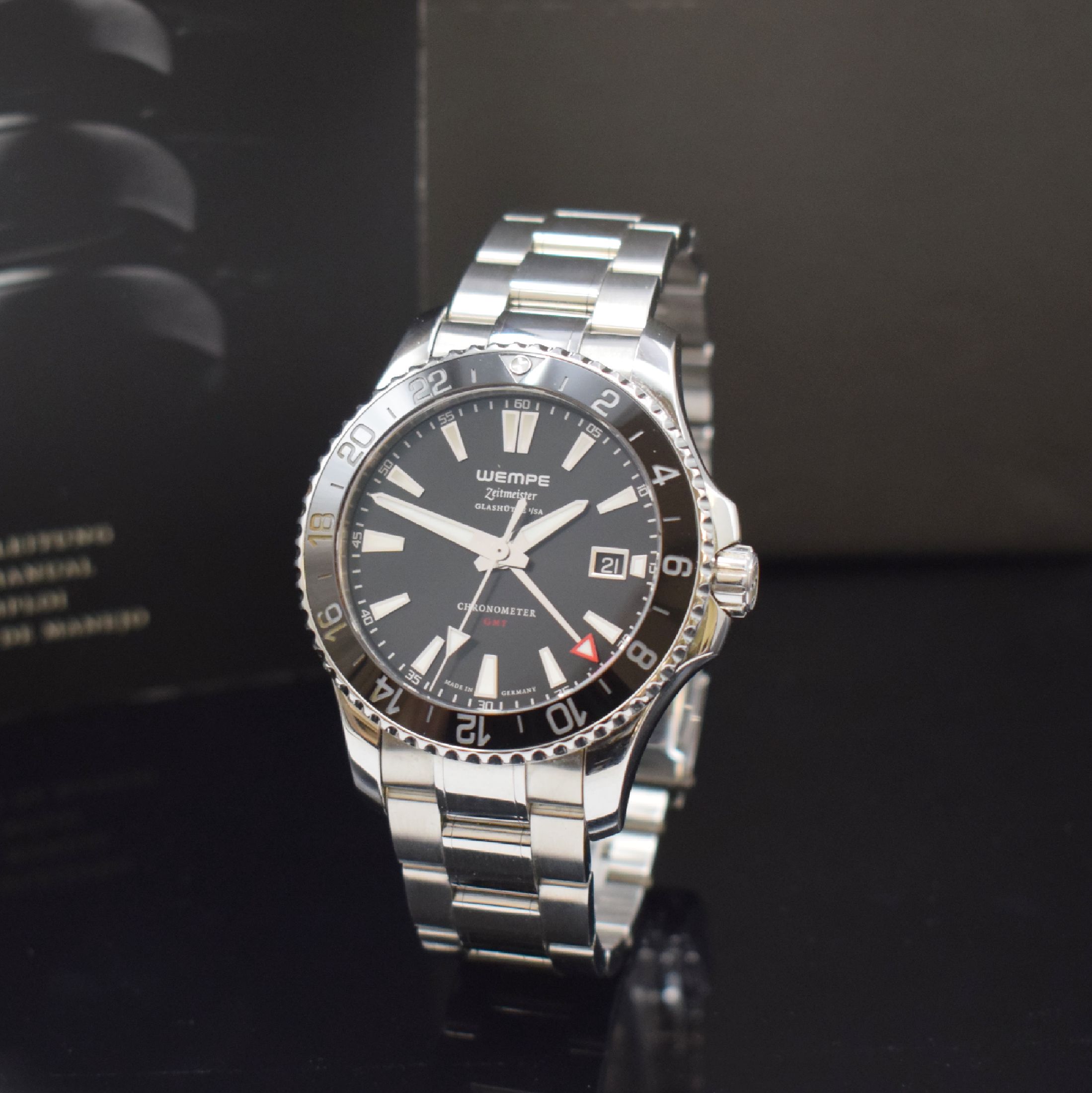 WEMPE Zeitmeister Sport GMT Herrenarmbanduhr, Automatik, Deutschland um 2016, Chronometer in Edelstahl inkl. Gliederband m. Faltschl., Boden m. ...