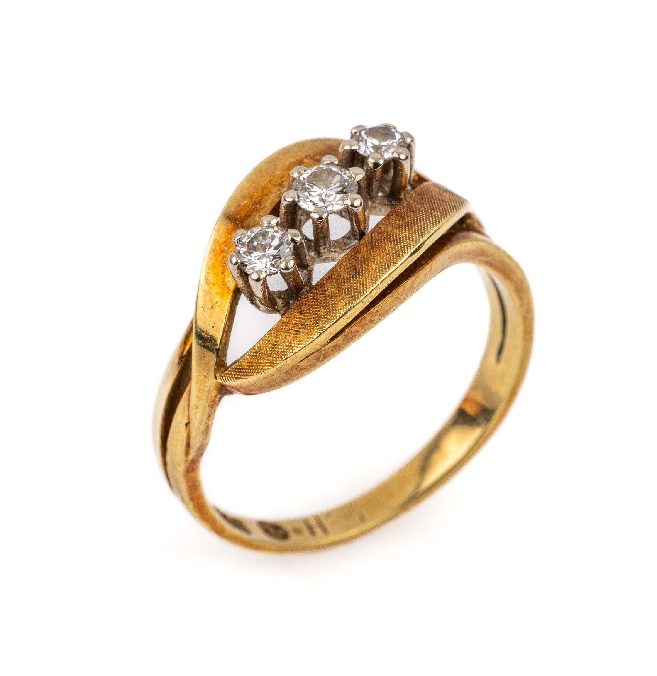 14 kt Gold Brillant-Ring, GG 585/000, 3 kl.Brillanten erhaben gefasst, RW 54, ca. 3.4 g