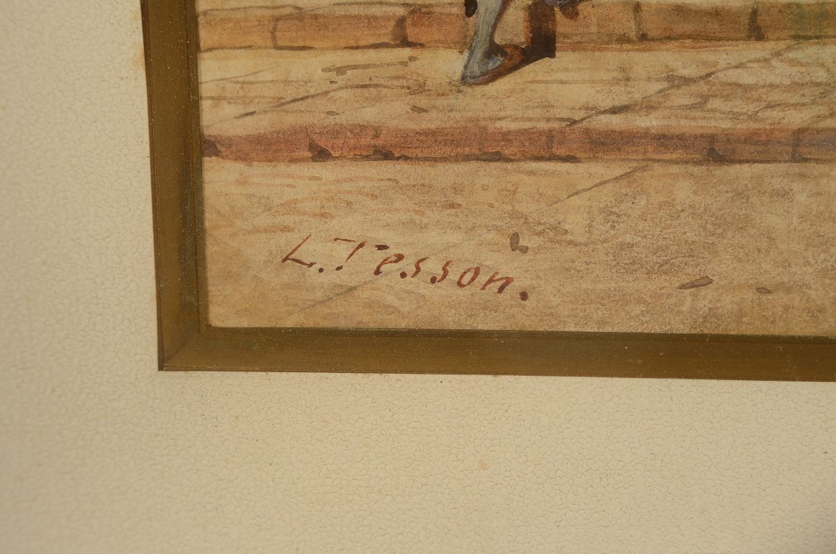 Detail a: Louis Tesson, 1820-1870, Markttreiben in einer südlichen Stadt, Aquarell auf Papier, links unten signiert, ca 18x25cm, PP, u.Gl., R. ca. 40x48cm