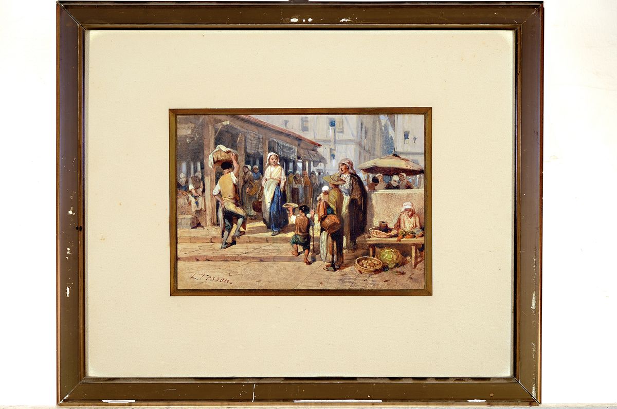 Detail k: Louis Tesson, 1820-1870, Markttreiben in einer südlichen Stadt, Aquarell auf Papier, links unten signiert, ca 18x25cm, PP, u.Gl., R. ca. 40x48cm