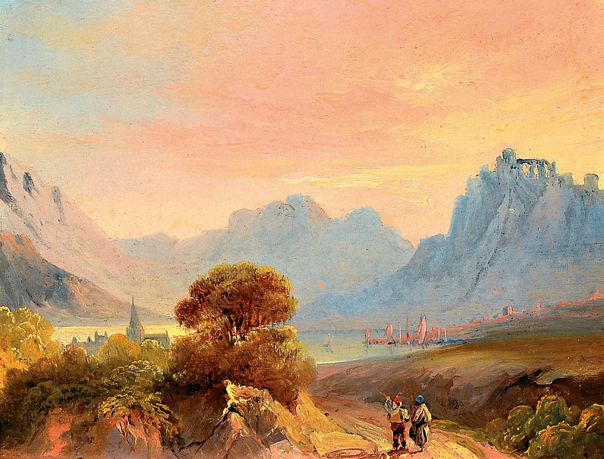 Zuschreibung: Richard Parkes Bonington, 1801 Nottingham-1828 London, Blick auf ein Tal mit See im Abendrot, im Vordergrund zwei Männer, Öl/Holz, ...