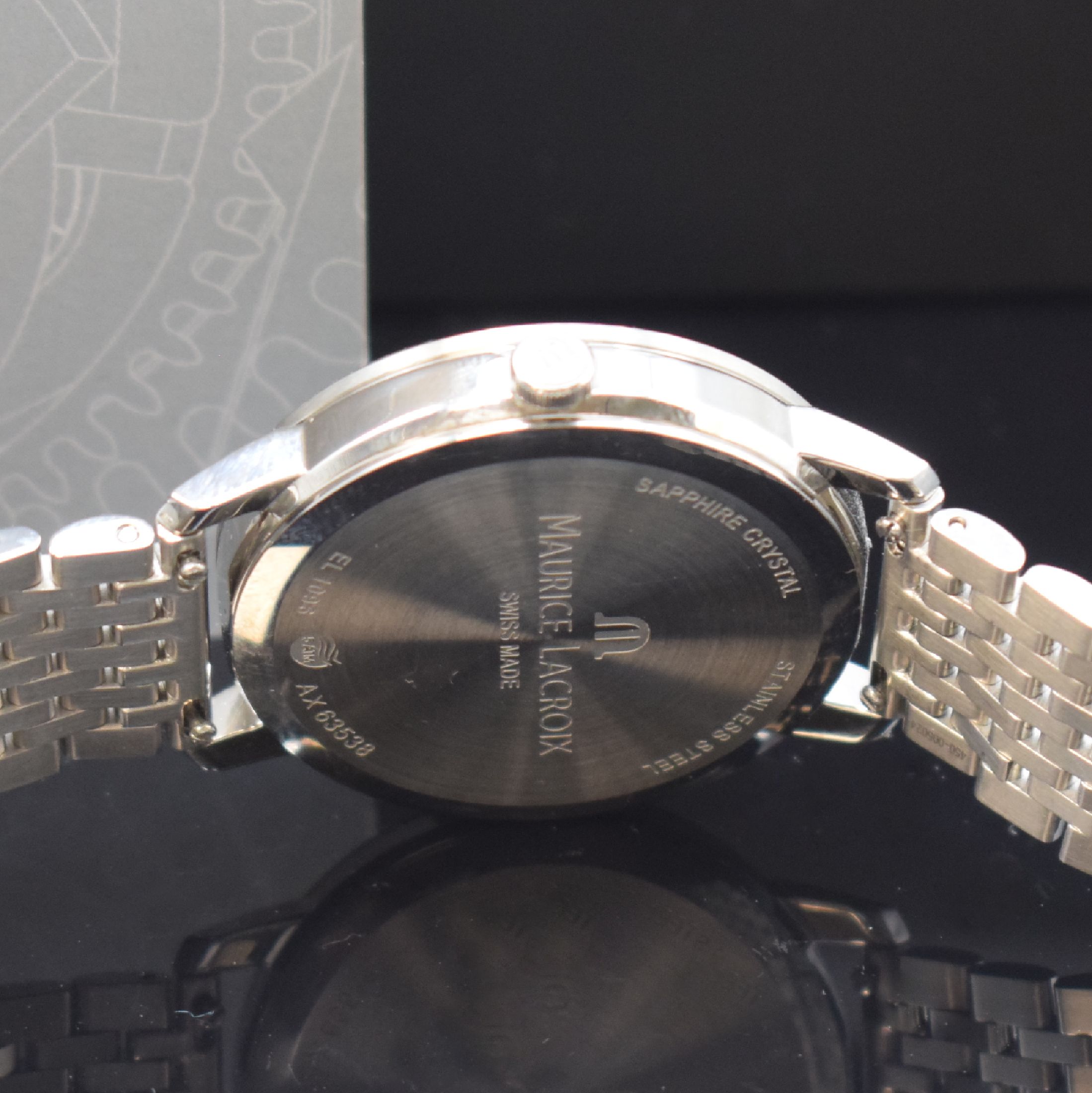 Detail d: MAURICE LACROIX Armbanduhr Eliros Referenz EL1096, Schweiz um 2020, quarz, Edelstahlgeh. inkl. Gliederband m. dopp. Faltschl., Boden aufgedr., ...