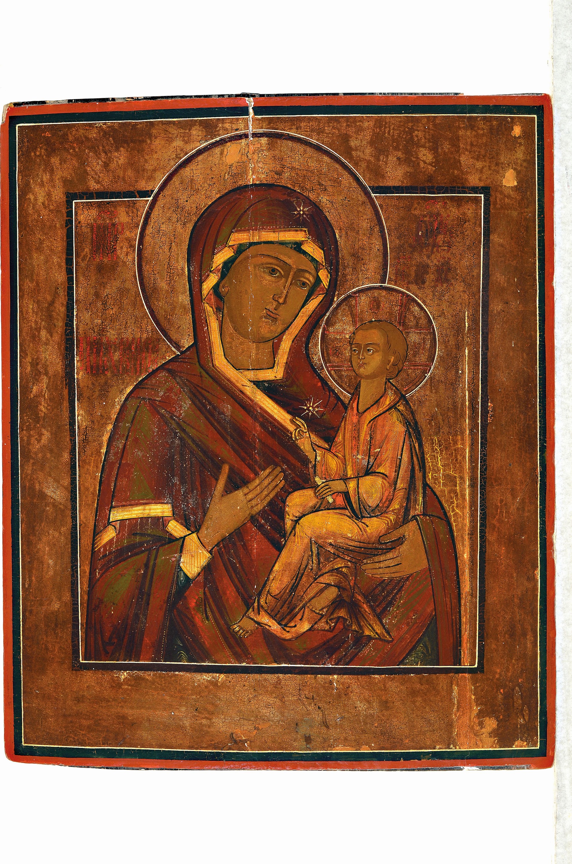 Detail k: Ikone, Russland, 19.Jh., Gottesmutter von Tichwin (Tichwinskaja), byzantinisches Vorbild, Tempera auf Holz, restauriert, Alterssp., 43x35 cm