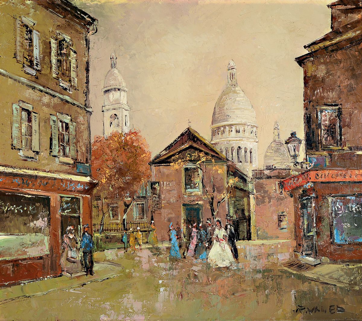 Prof. Walter Prescher van Ed, 1916 Dresden-1988 Ottendorf, Ansicht aus Paris, rückseitig betitelt: Hochzeit auf dem Montmartre, Öl/Lwd, rechts ...