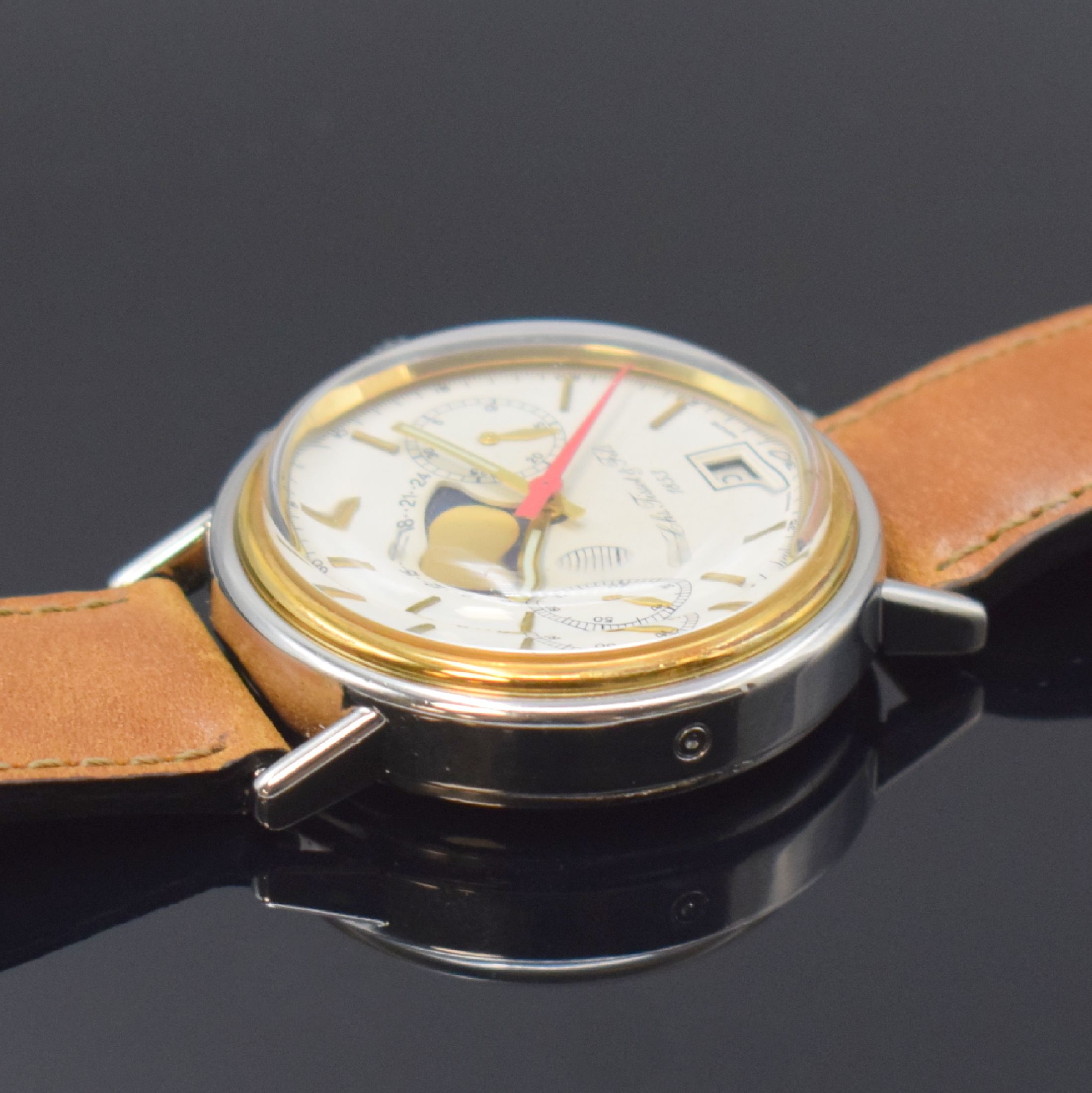 Detail c: TISSOT Herrenarmbanduhr mit Chronograph und Mondphase, Schweiz um 1985, Handaufzug, Stahlgeh., Boden gedr., verg. Lünette, silb. Zifferbl. m. ...