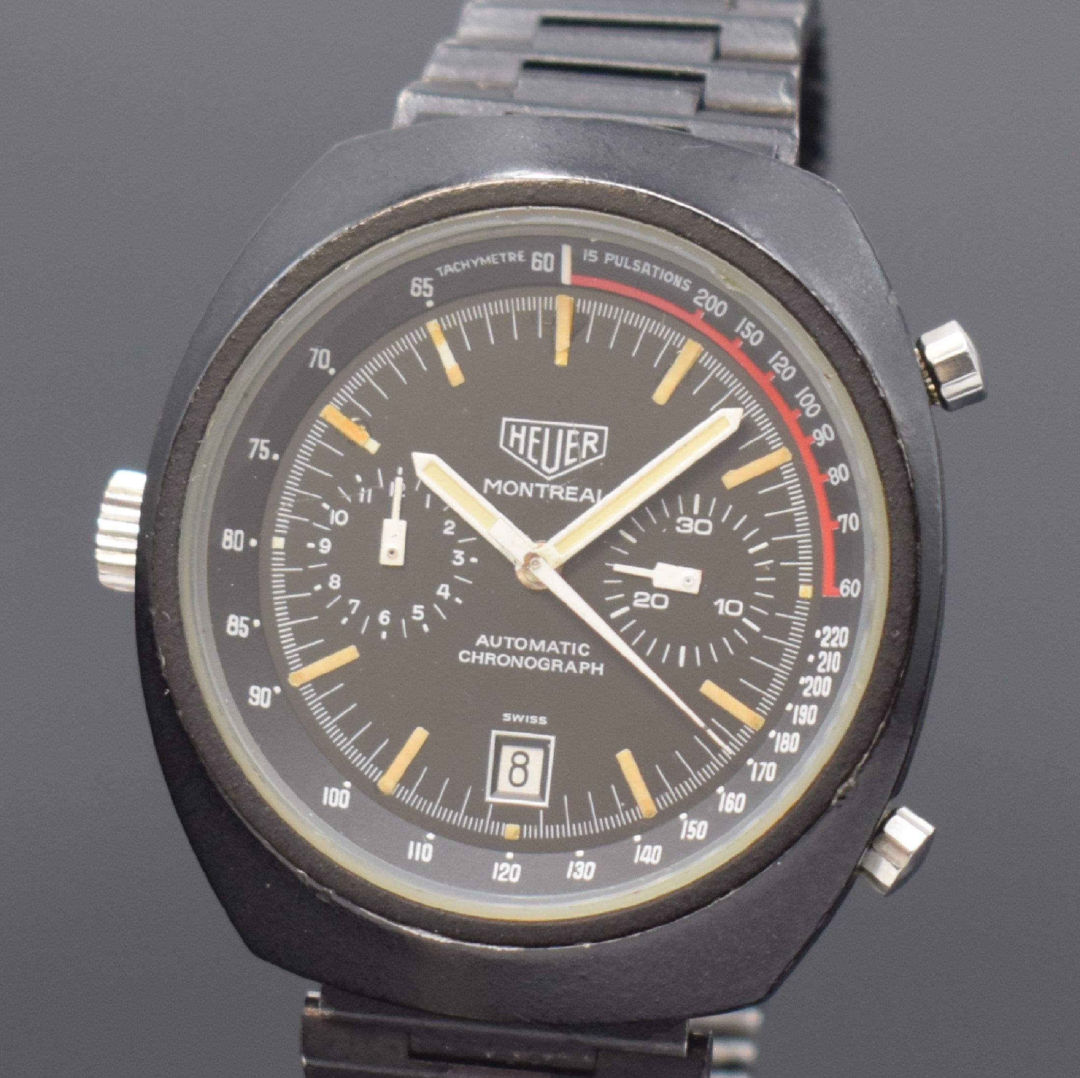 Detail a: HEUER Montreal seltener Armbandchronograph, Schweiz um 1972, Automatik, geschwärztes Stahlgeh. o. Nr. inkl. NSA Gliederband mit Faltschl., verschr. ...