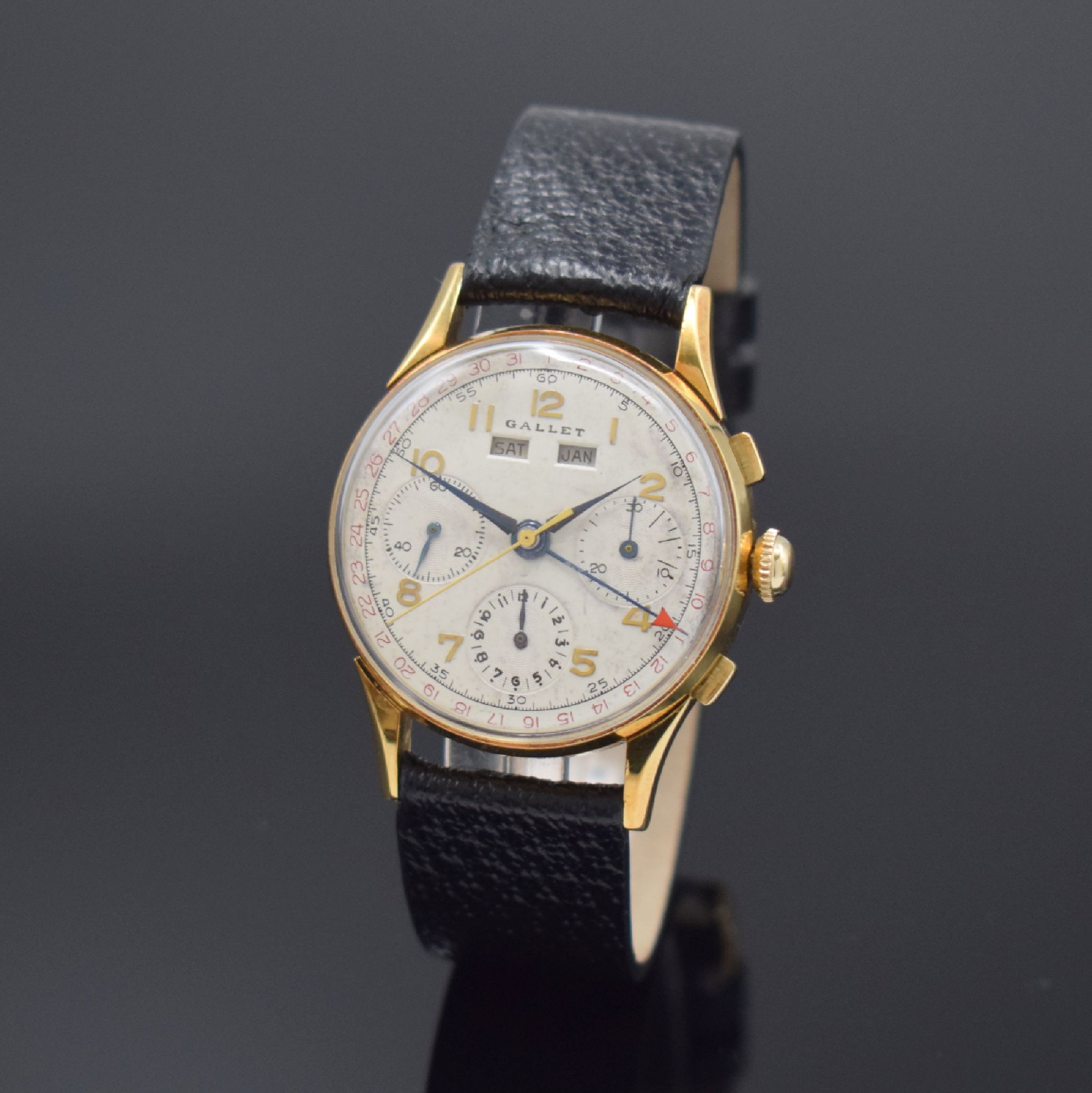 GALLET Herrenarmbanduhr mit Chronograph und Kalender Kaliber Valjoux 72C in GG 585/000, Schweiz um 1950, Handaufzug, 3-teil. Gehäuse, Boden u. ...
