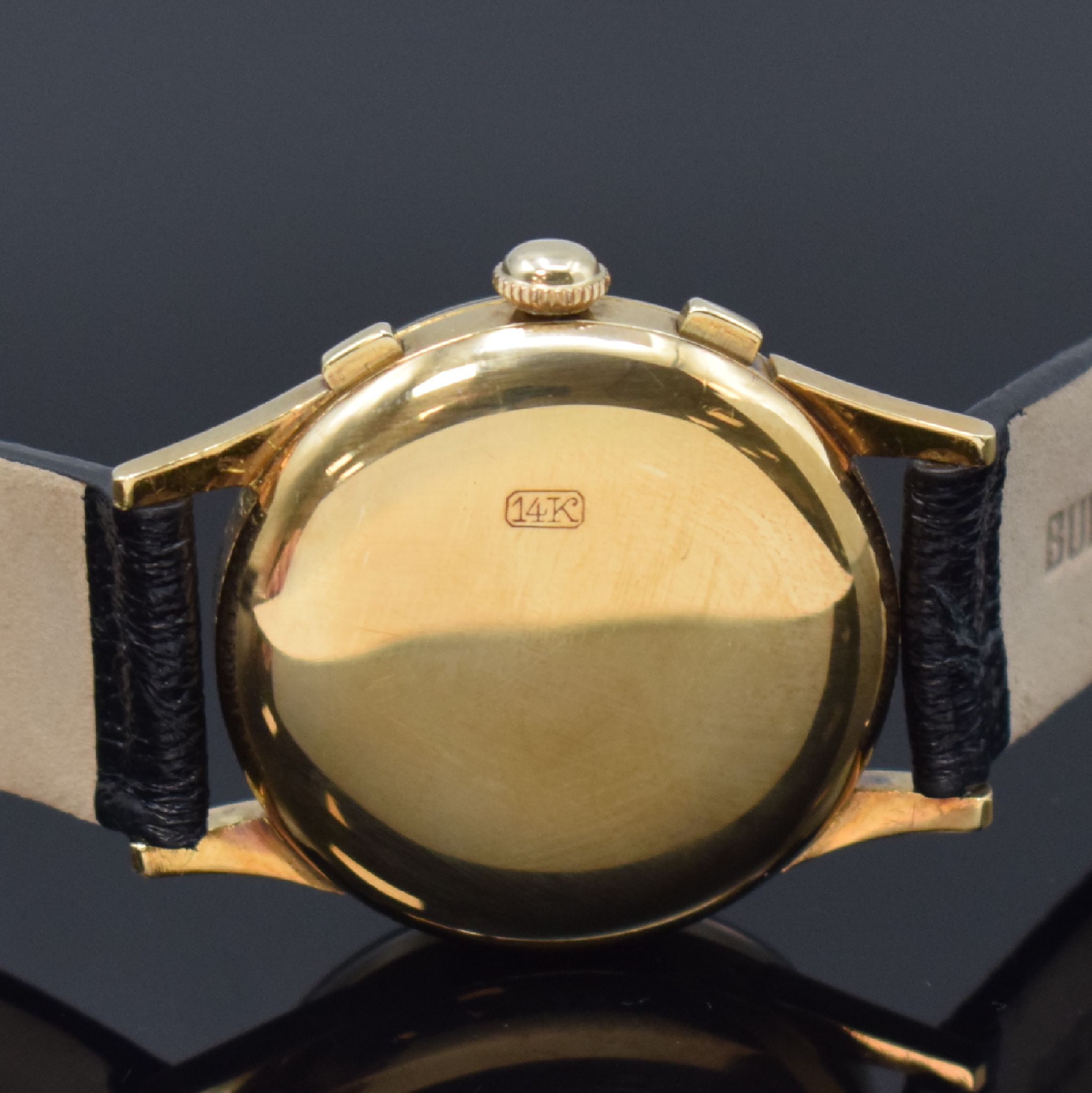 Detail c: GALLET Herrenarmbanduhr mit Chronograph und Kalender Kaliber Valjoux 72C in GG 585/000, Schweiz um 1950, Handaufzug, 3-teil. Gehäuse, Boden u. ...