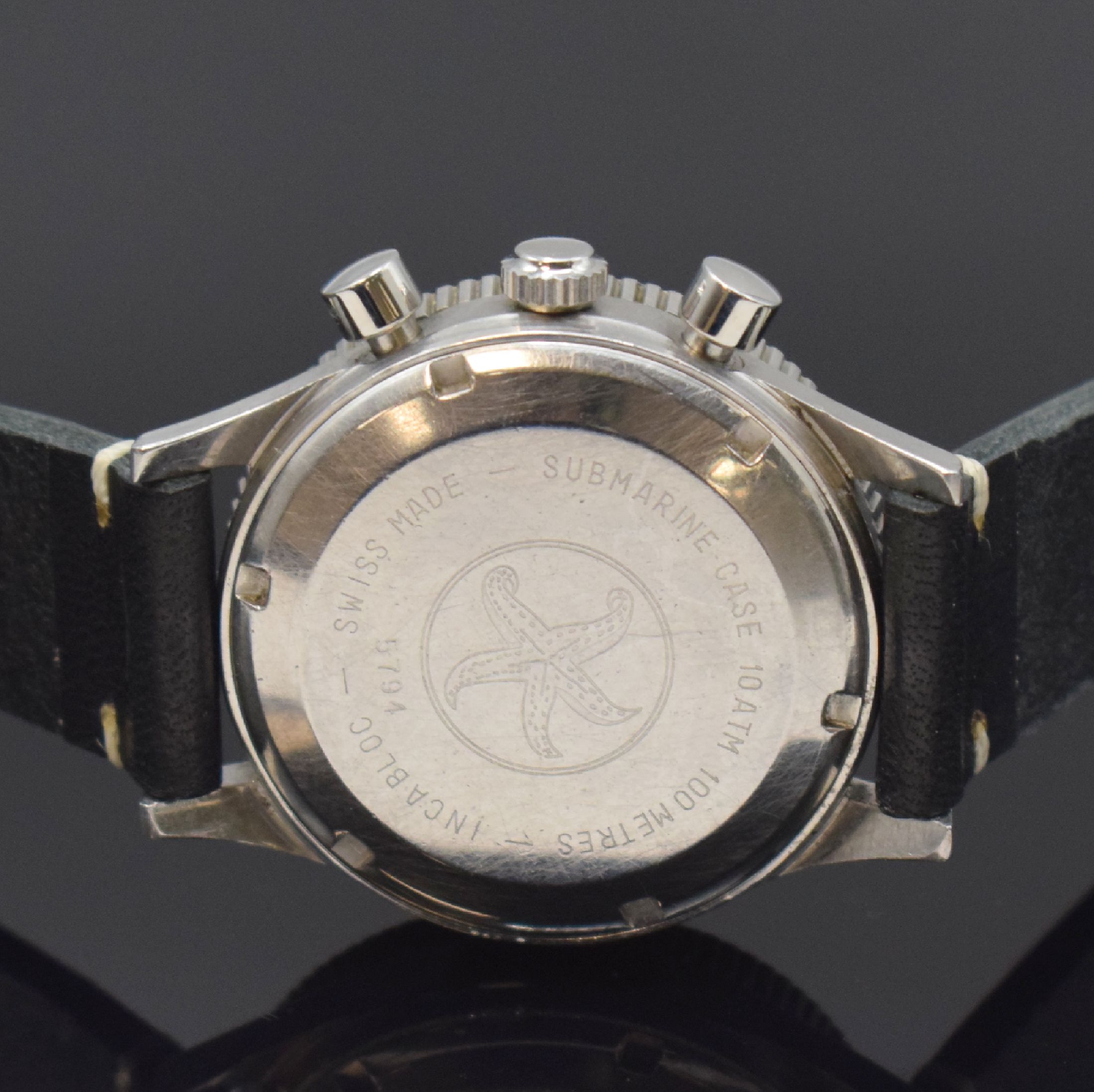 Detail c: AERO Neuchatel Herrenarmbanduhr mit Chronograph, Schweiz um 1970, Handaufzug, 2 -teil. Geh. in Stahl, Boden verschr., beids. drehb. Lünette, ...