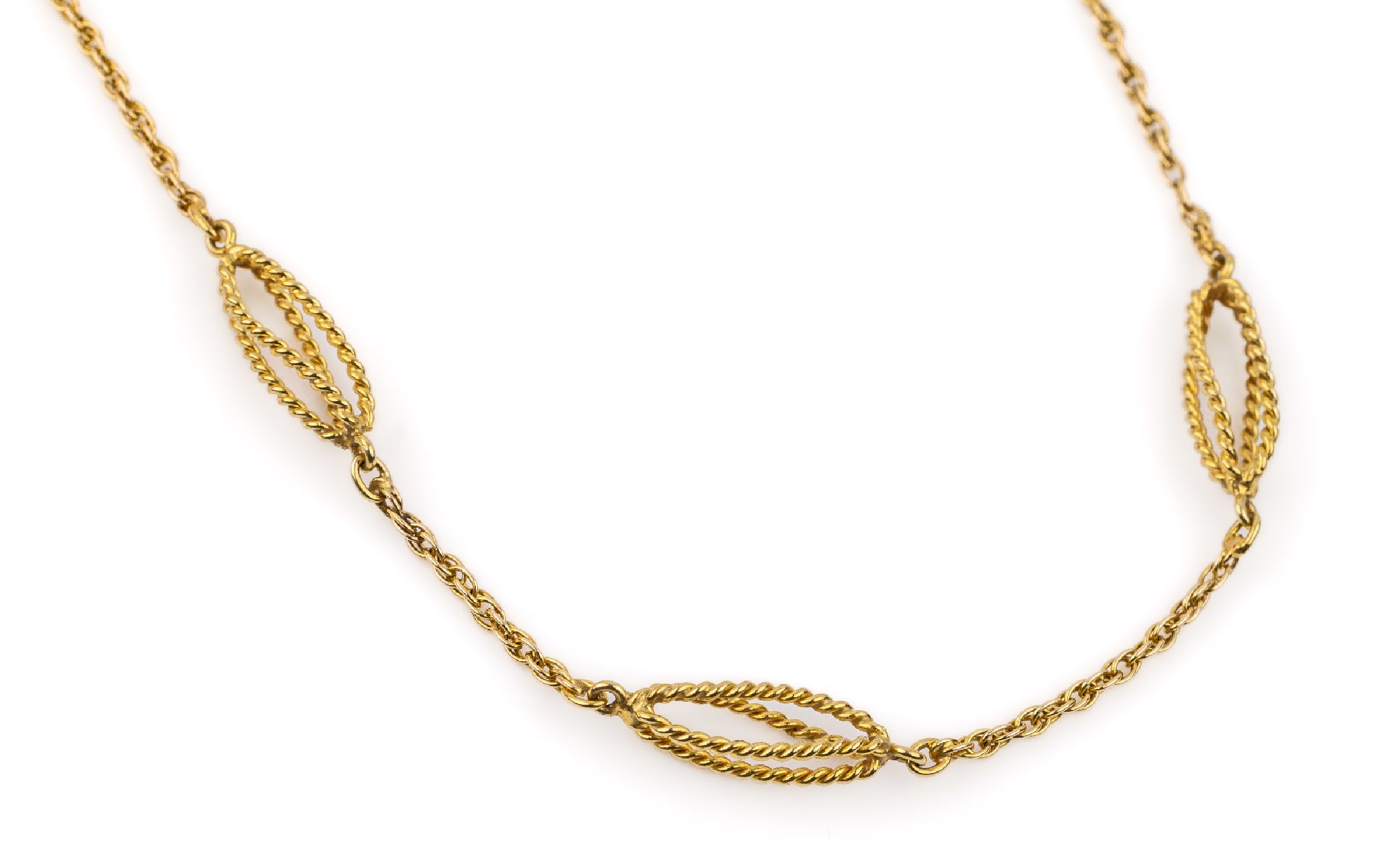 14 kt Gold Collier, GG 585/000, Zwischenglieder offen gearbeitet, L. ca. 80 cm, ca. 16.3 g, Federringschließe, passend zur Kat-Nr. 01-1510