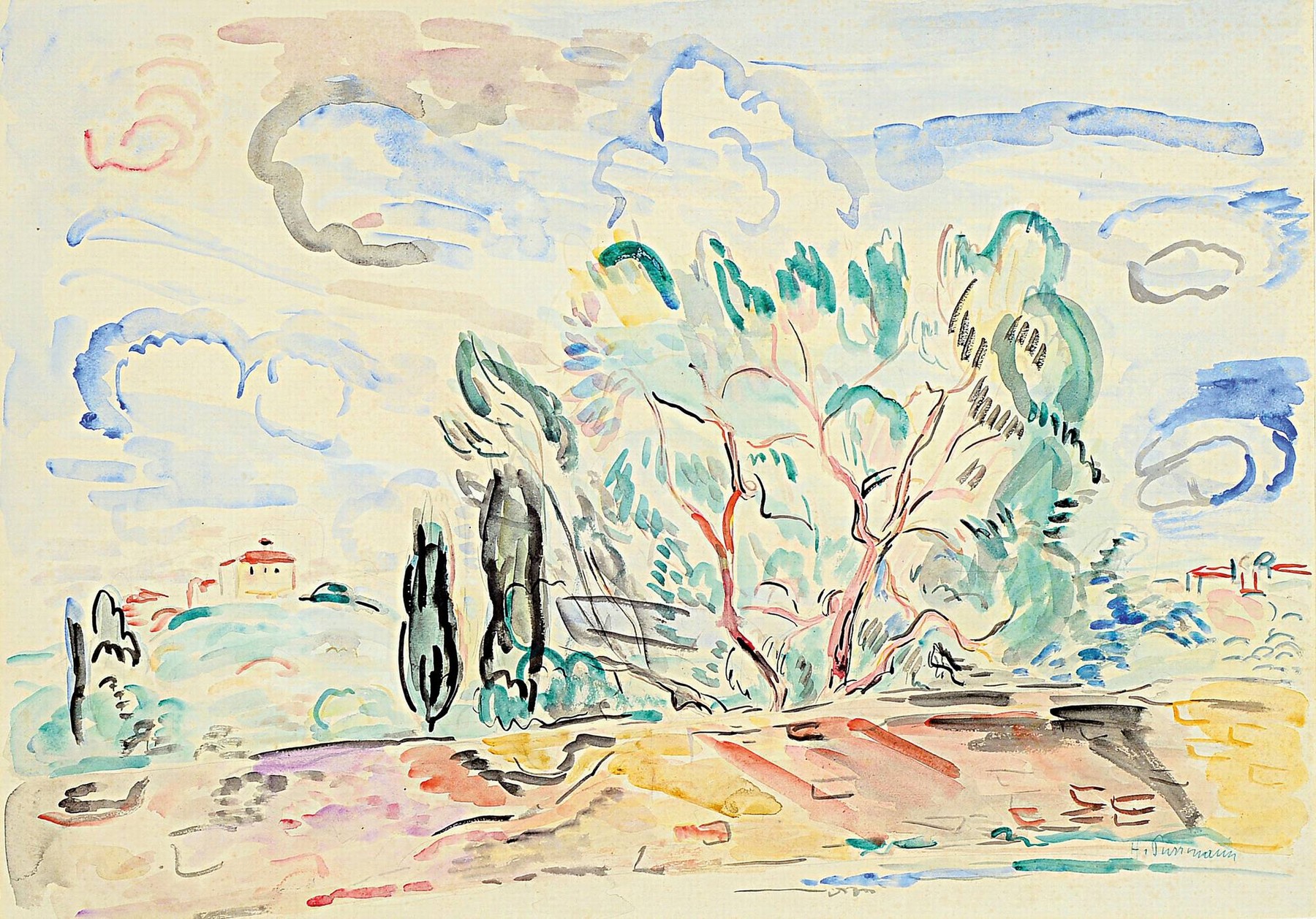Hans Purrmann, 1880 Speyer-1966 Basel, Landschaft bei Florenz, Aquarell auf Papier, rechts unten signiert, ca. 44x61cm, PP, u.Gl.,R. ca. 73x90cm, ...