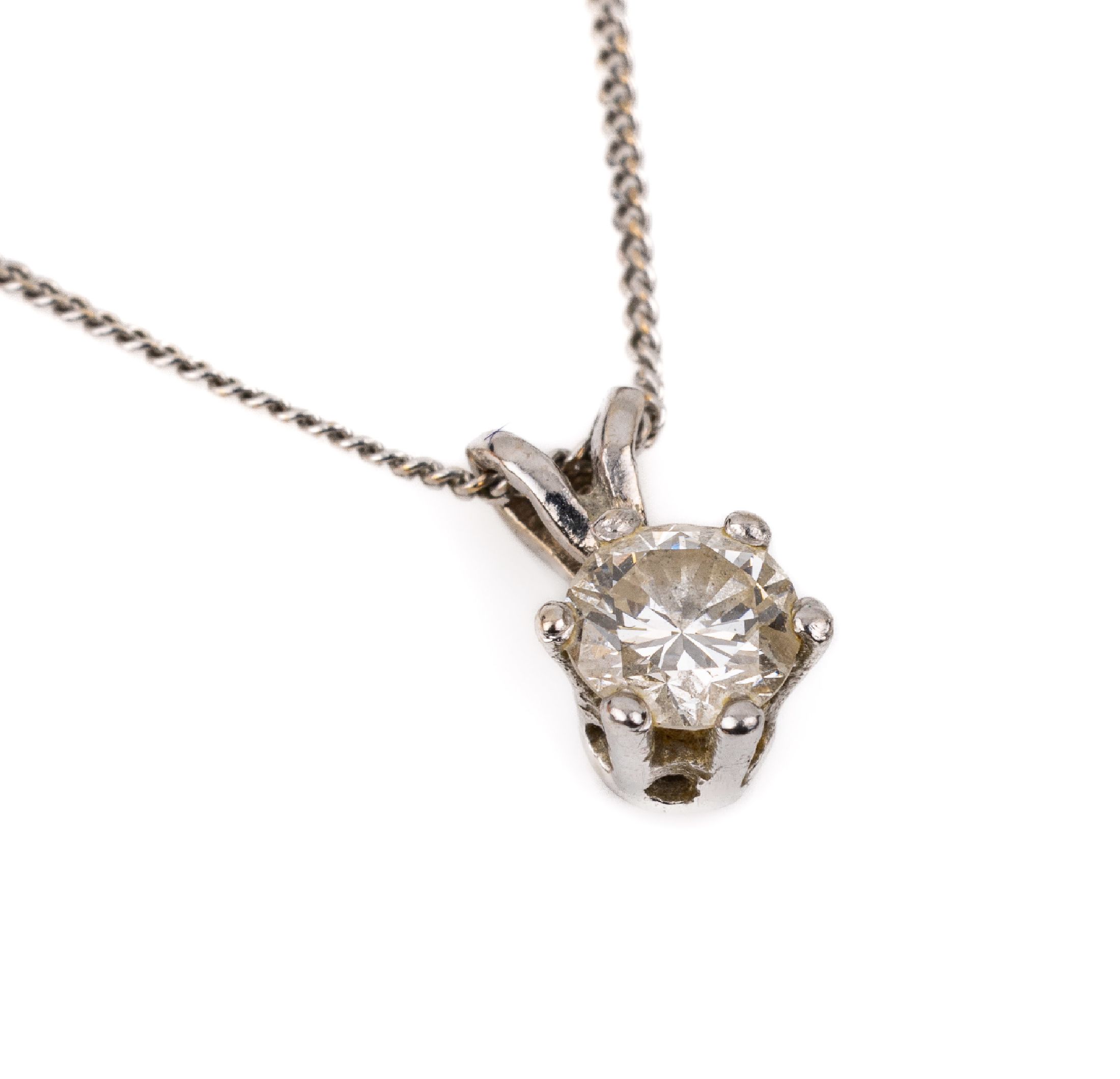 8 kt Gold Brillant-Anhänger, WG 333/000, Brillant ca. 0.35 ct Weiß/p1, an WG 585/000 Kette, L. ca. 44.5 cm, ca. 1.7 g
