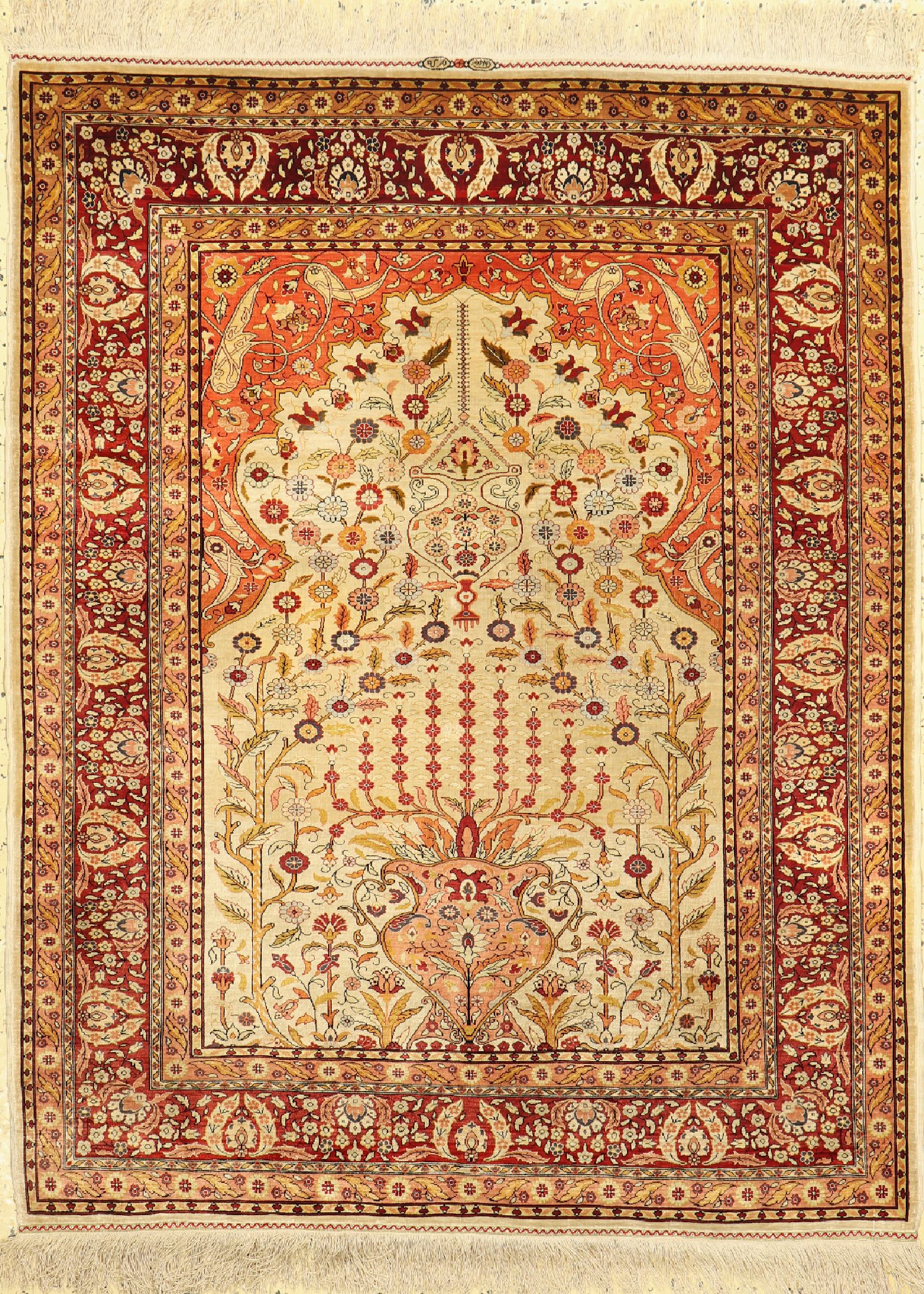 Hereke Seide fein signiert, Türkei, um 1950, reine Naturseide, ca. 130 x 100 cm, ca. 1,0 Mio. Kn/qm, EHZ: 2, (ausgebesserte Risse)