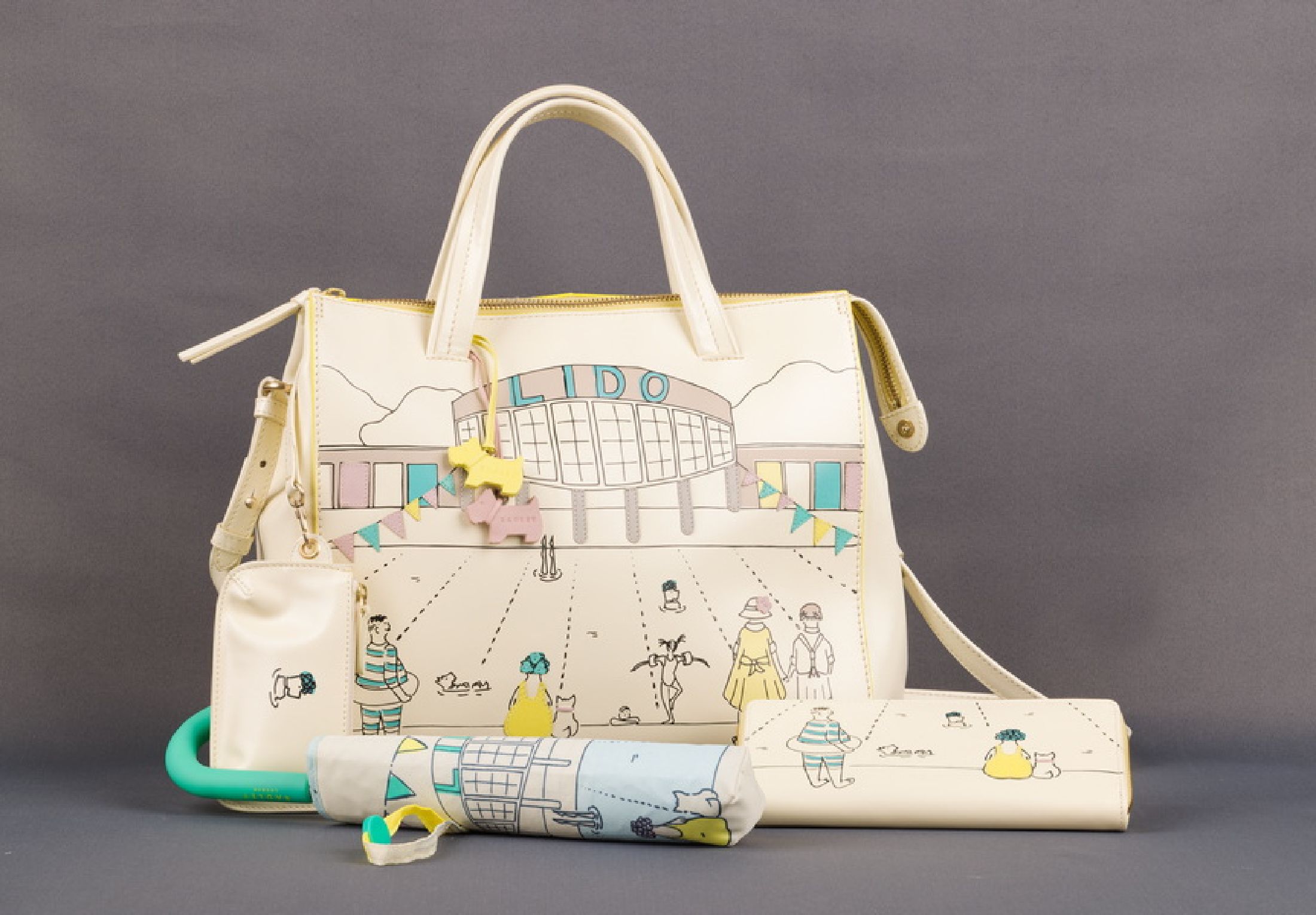 Set RADLEY London, "Lido", best. aus: Tasche, Geldbeutel und Schirm, cremef. Leder, aufgelegte Wimpel, Badeanzüge und Accessoires in ...