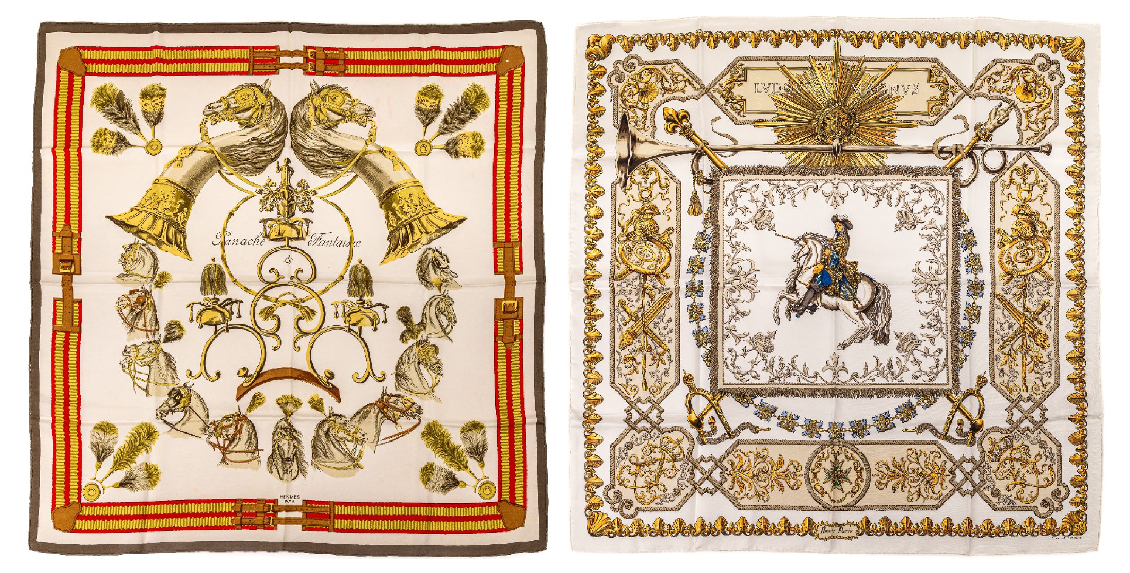 Konvolut 2 Hermes Carrees, Made in France, 100 % Seide, 1 x Ludovicus Magnus, weiß- grundig mit reichem goldf., blauen und beigef.Elementen, sign. ...