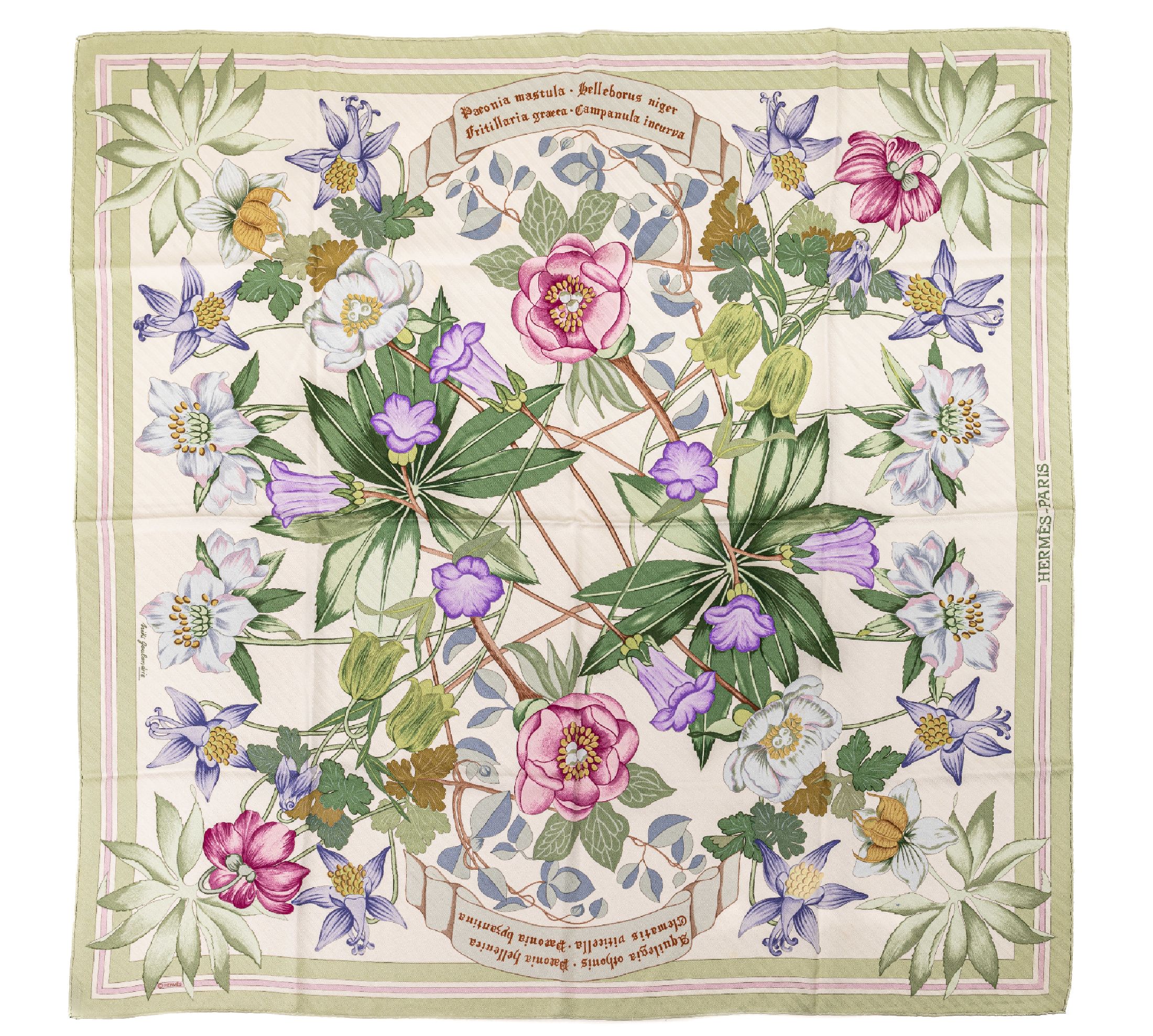 Hermes Karree, 100 % Seide, Grund cremef. mit bunten Blüten und Blättern, Designer: NikiGoulandris, ca. 88 x 88 cm, Rand handrolliert