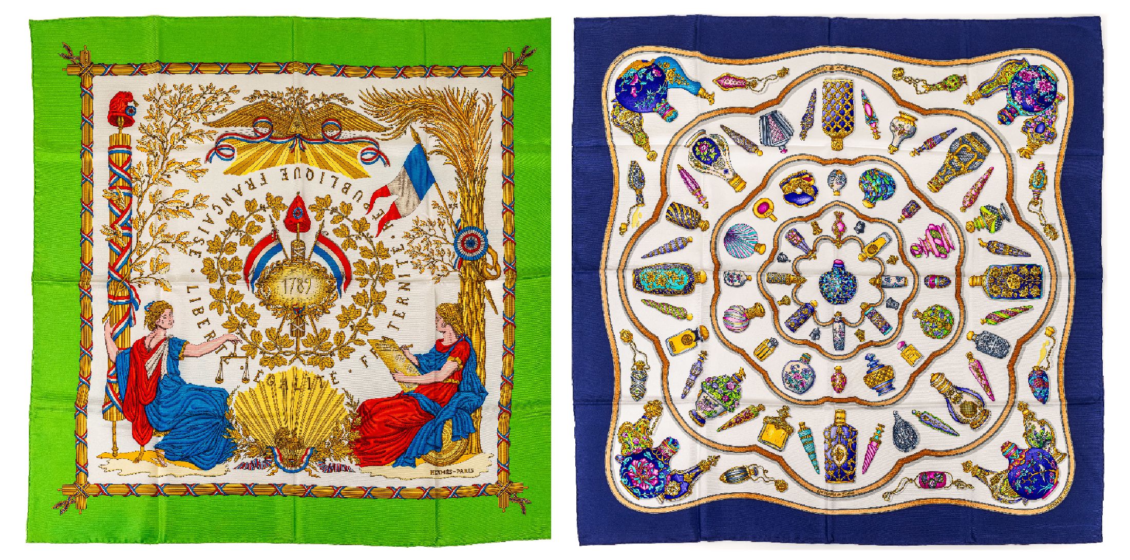 Konvolut 2 HERMES Karree, 100 % Seide, Made inFrance, 1 x "Qu´importe le flacon", Grund cremef. mit bunten Flacons, Rand dunkelblau, 1 x ...