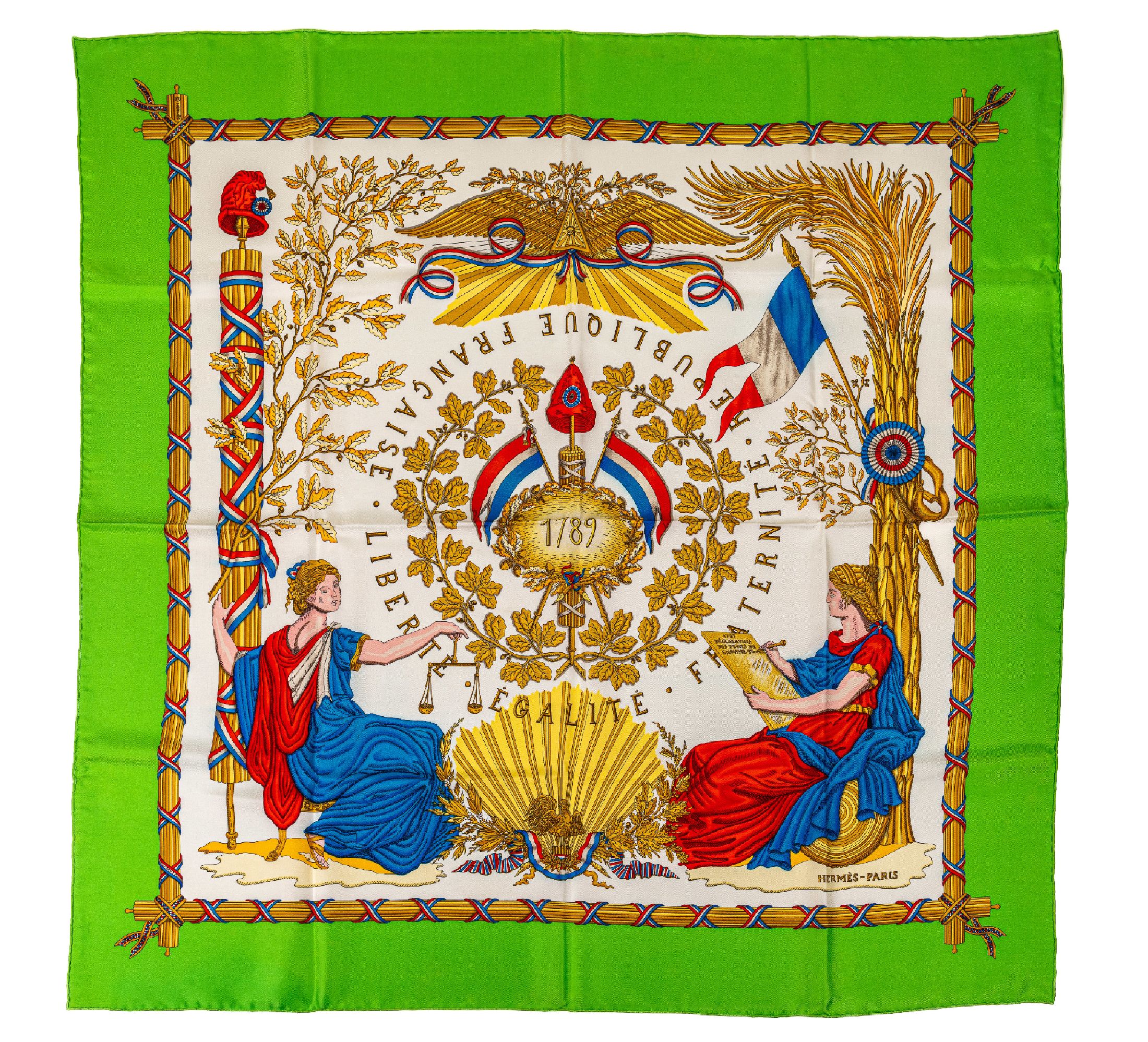 Detail a: Konvolut 2 HERMES Karree, 100 % Seide, Made inFrance, 1 x "Qu´importe le flacon", Grund cremef. mit bunten Flacons, Rand dunkelblau, 1 x ...