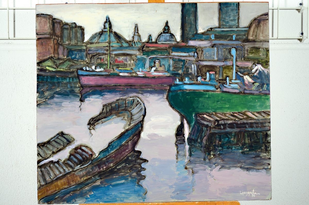 Francisco Lopez Grela, 1915-1981, Ansicht eines Hafens, Öl/Malplatte, signiert und datiert 78, ca. 60x72cm