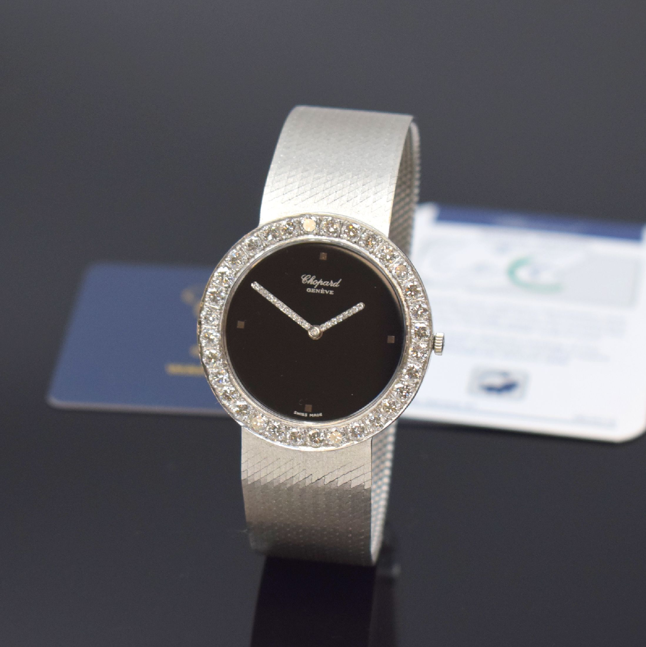 CHOPARD ausgefallene Armbanduhr in WG 750/000 mit Brillantbesatz Referenz 142173-1001, Handaufzug, 2-teil. Geh., Boden aufgedr., Lünette wie Zeiger ...