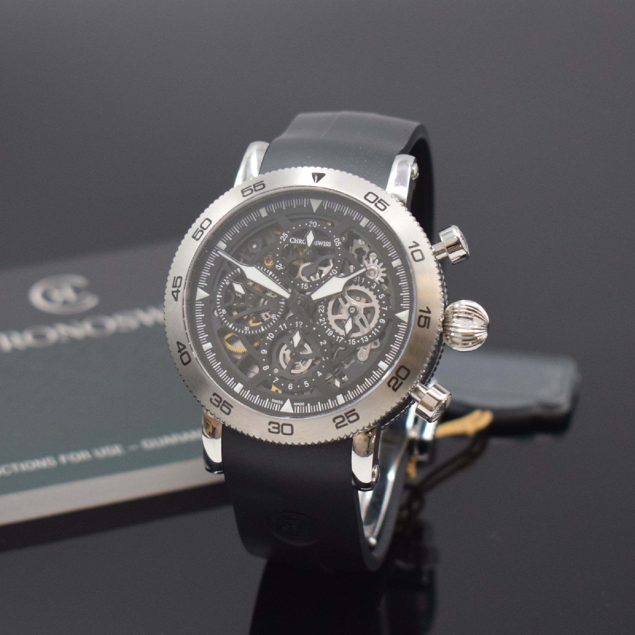CHRONOSWISS nahezu neuwertiger Armbandchronograph Timemaster Skeleton Referenz CH9043S-BK, Automatik, Edelstahlgeh. inkl. orig. Kautschukband m. ...