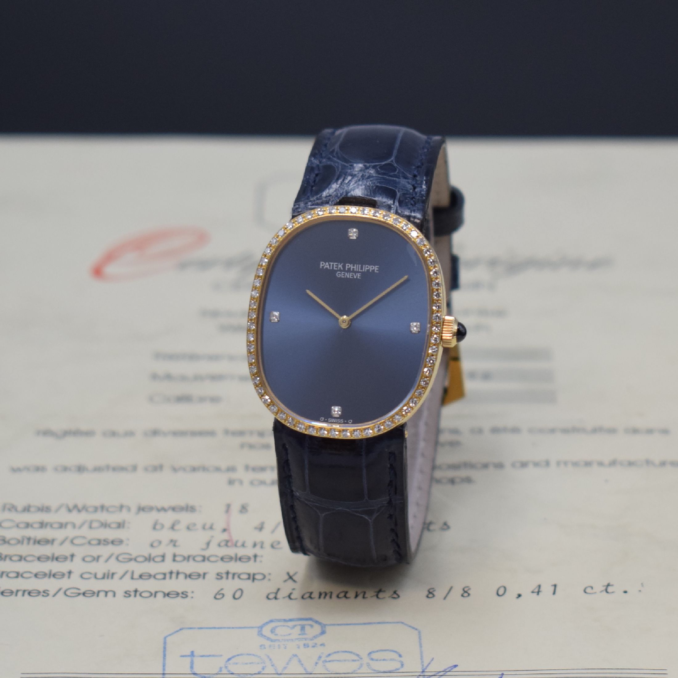 PATEK PHILIPPE Damenarmbanduhr Ellipse d´Or Referenz 3849 in GG 750/000, Handaufzug, 3- teil. Geh., Boden und mit Diamanten bes. Glasrand aufgedr., ...
