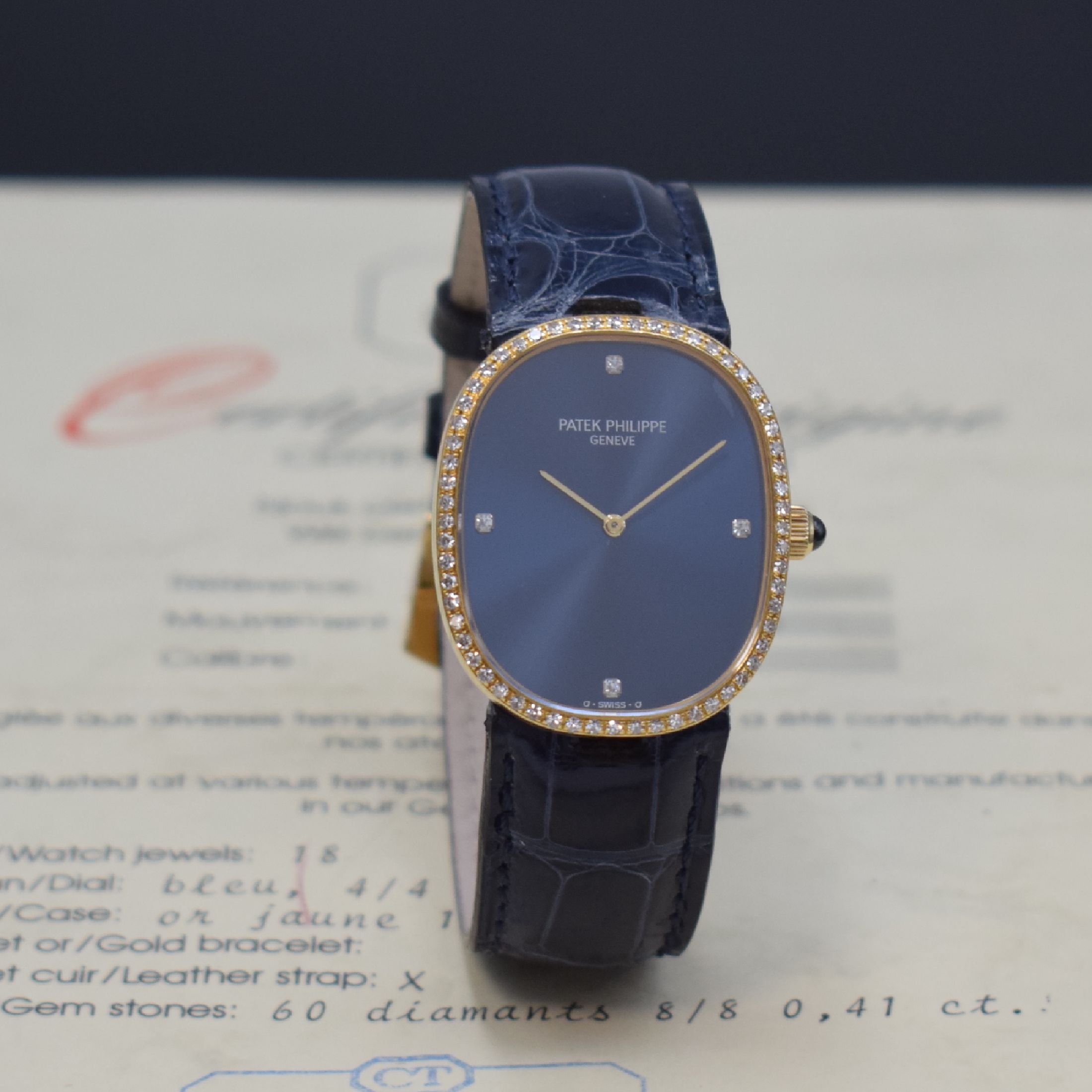 Detail b: PATEK PHILIPPE Damenarmbanduhr Ellipse d´Or Referenz 3849 in GG 750/000, Handaufzug, 3- teil. Geh., Boden und mit Diamanten bes. Glasrand aufgedr., ...