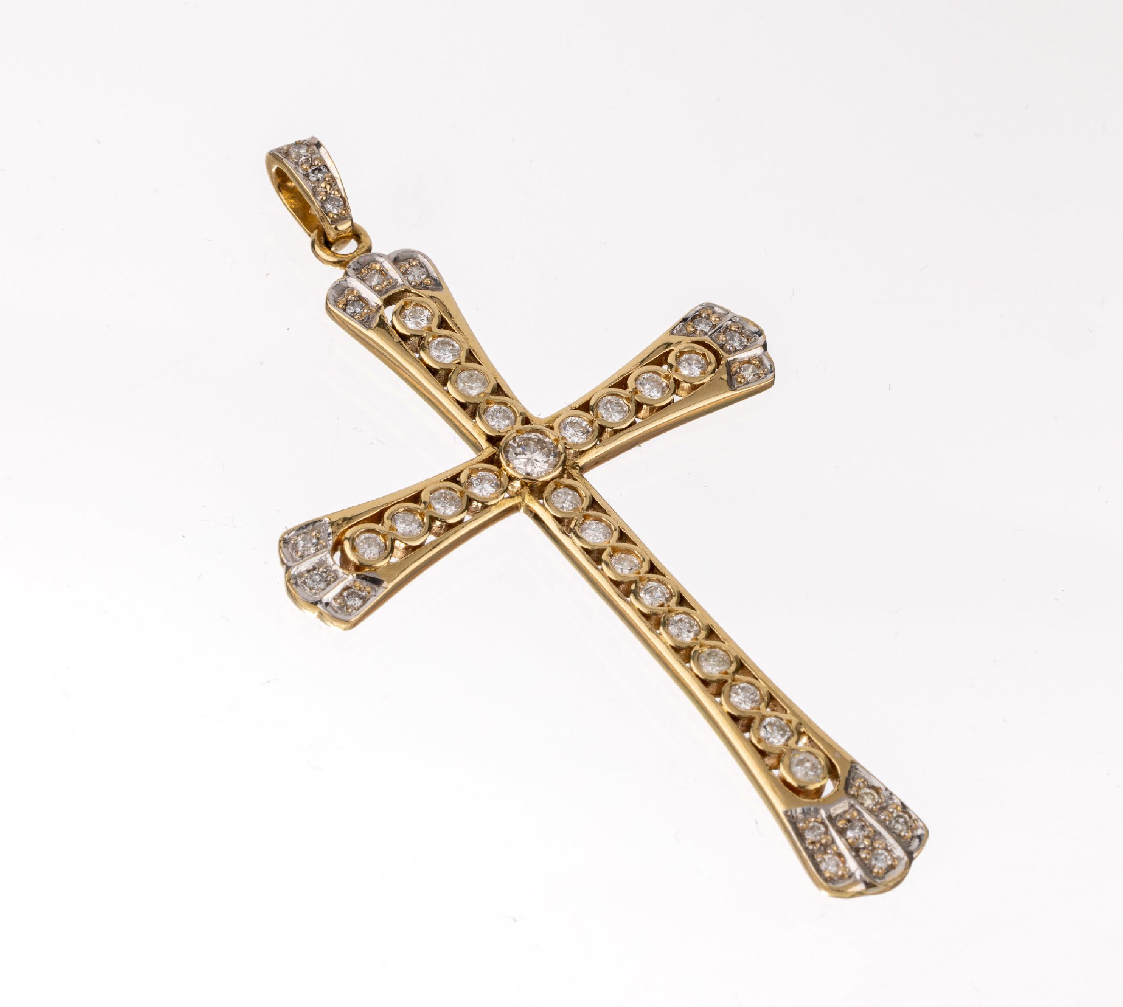18 kt Gold Kreuzanhänger, GG 750/000, Brillanten zus. ca. 1.60 ct Weiß/si-p1, ca. 11.6 g, L. ca. 7 cm