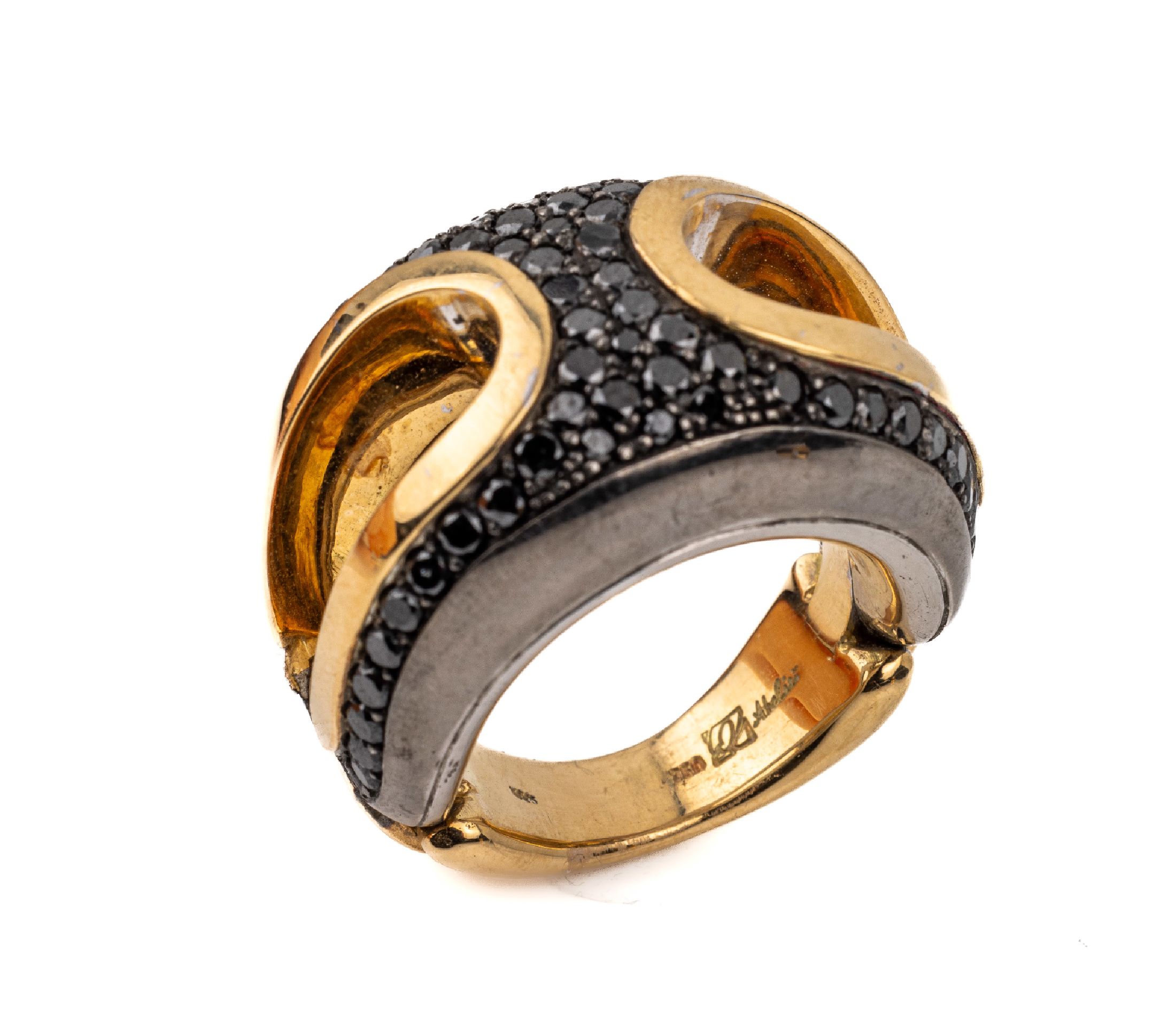 18 kt Gold Designer Diamant-Ring, GG/WG 750/000, WG geschwärzt, Atelieranfertigung, 63 schwarze Diamanten (beh.) zus. ca. 1.56 ct,ca. 29.2 g, RW 54