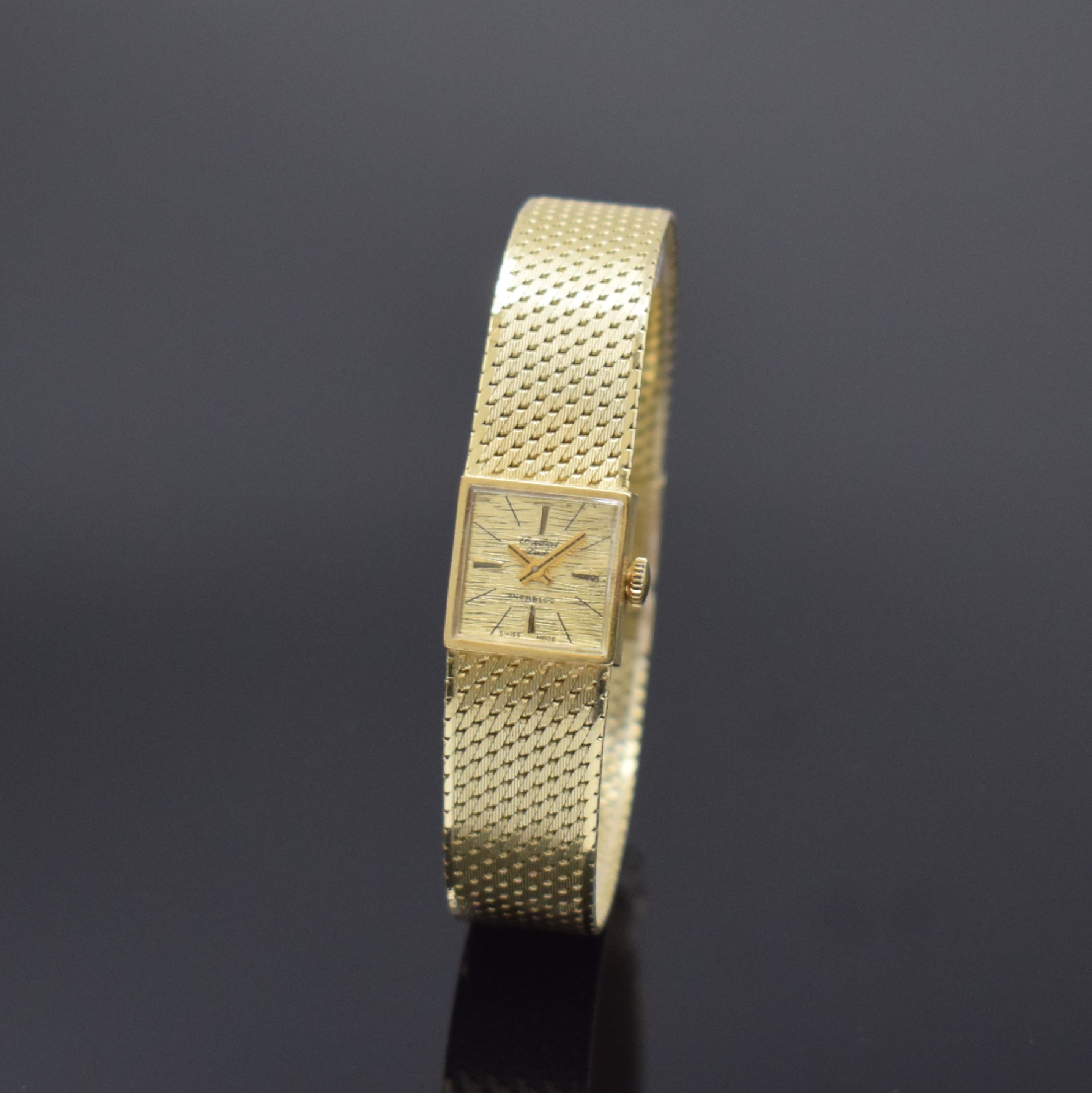 PREDIAL Lady Damengoldbanduhr in GG 585/000, Schweiz um 1965, Handaufzug, 2-teil. Gehäuse, Boden aufgedr., Milanaiseband, gold. Zifferbl. m. aufges. ...
