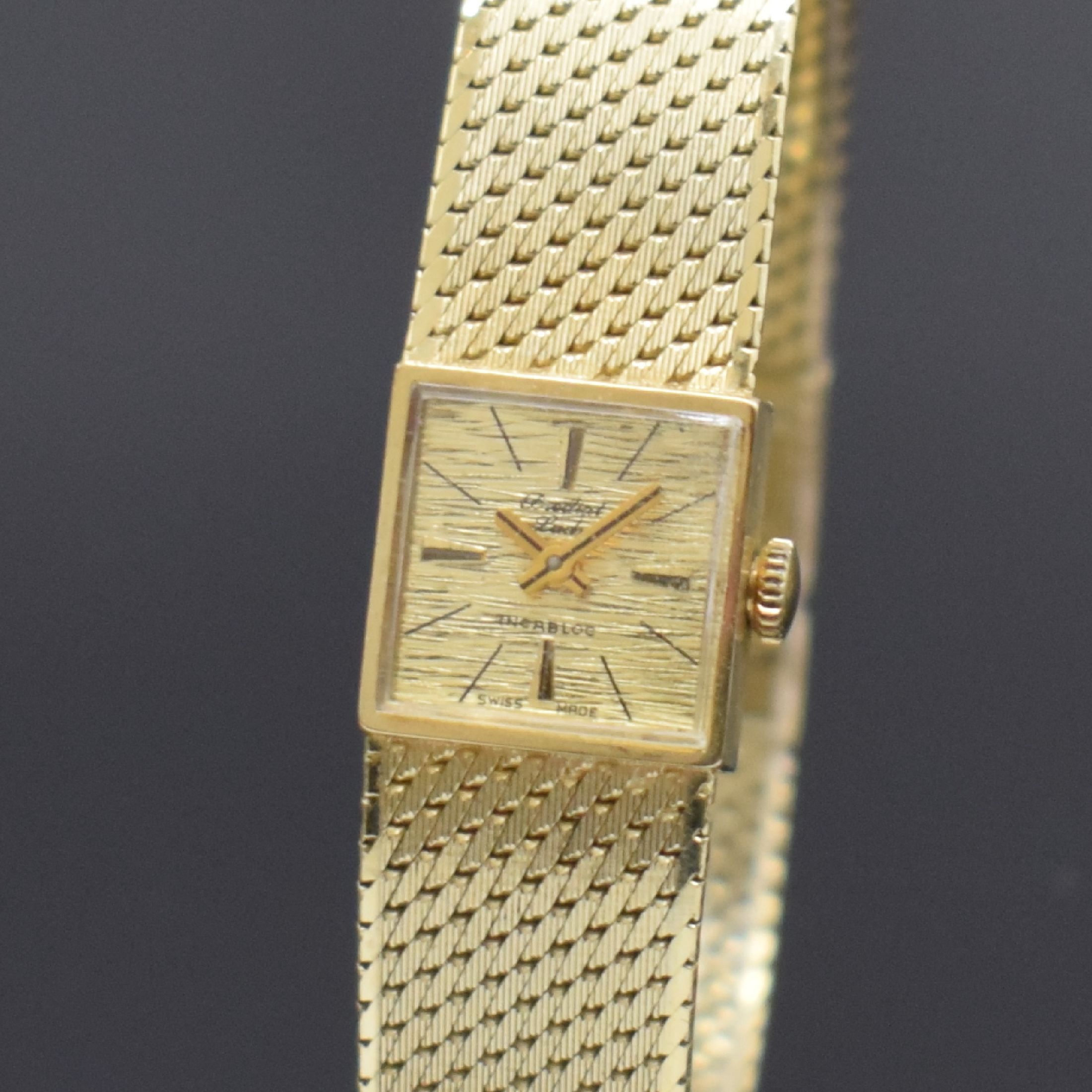 Detail a: PREDIAL Lady Damengoldbanduhr in GG 585/000, Schweiz um 1965, Handaufzug, 2-teil. Gehäuse, Boden aufgedr., Milanaiseband, gold. Zifferbl. m. aufges. ...