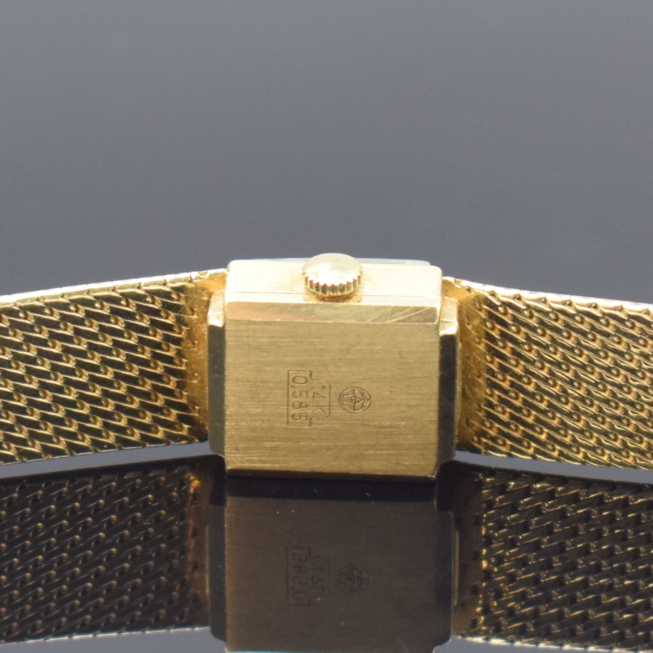 Detail d: PREDIAL Lady Damengoldbanduhr in GG 585/000, Schweiz um 1965, Handaufzug, 2-teil. Gehäuse, Boden aufgedr., Milanaiseband, gold. Zifferbl. m. aufges. ...