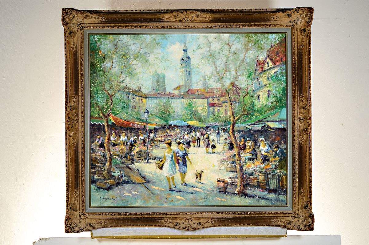 Detail k: Christian Jereczek, 1935 Berlin-2013 Heideck , Studium in Berlin, Dresden u. Wien, Ansicht des belebten Viktualienmarkt in München, Öl/Lwd, links ...