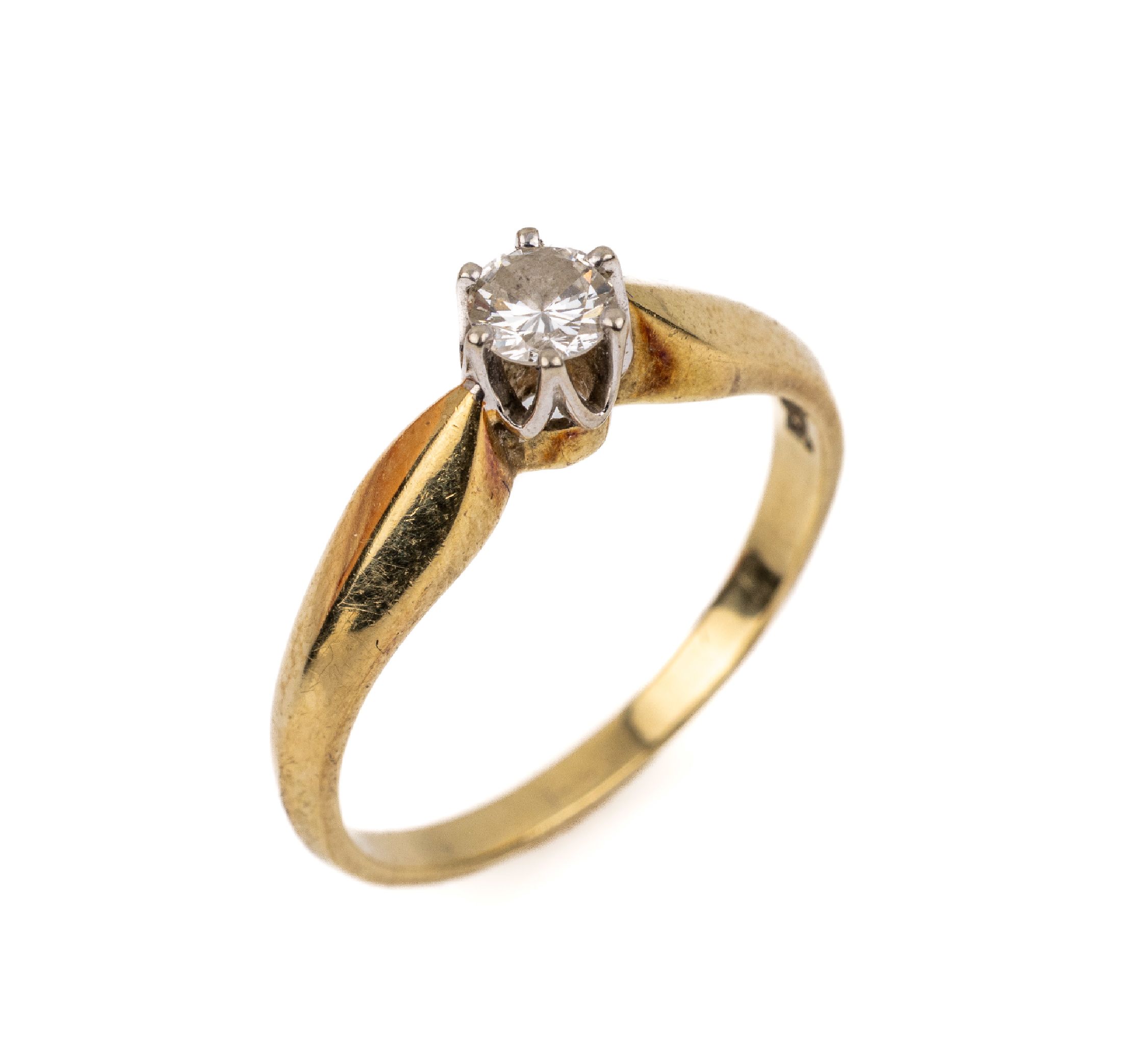 14 kt Gold Brillant-Ring, GG 585/000, Brillant ca. 0.25 ct (grav.) Weiß/si, ca. 3.2 g, RW 56.5