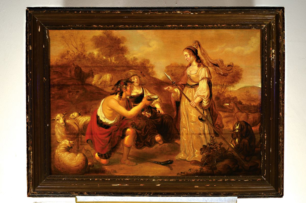 Detail k: Maler aus der Familie Cuyp, Niederlande, 17. Jh., rechts unten signiert, Granida und Daifilo, die Darstellung behandelt eine Szene aus dem ersten Akt ...