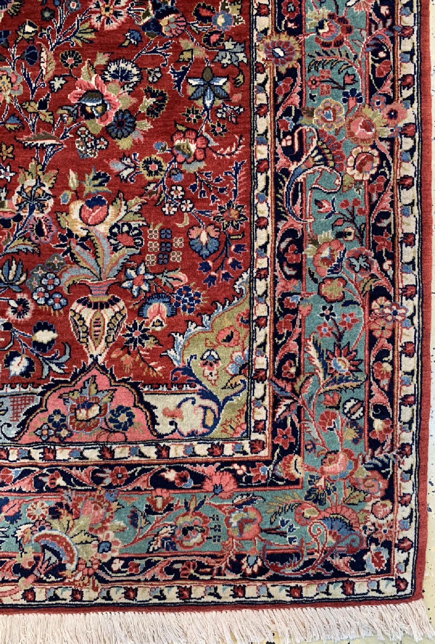 Detail a: Sarogh Kork fein, Persien, ca. 50 Jahre, Korkwolle auf Baumwolle, ca. 212 x 140 cm, gereinigt, EHZ: 1-2, (Fransen erneuert).