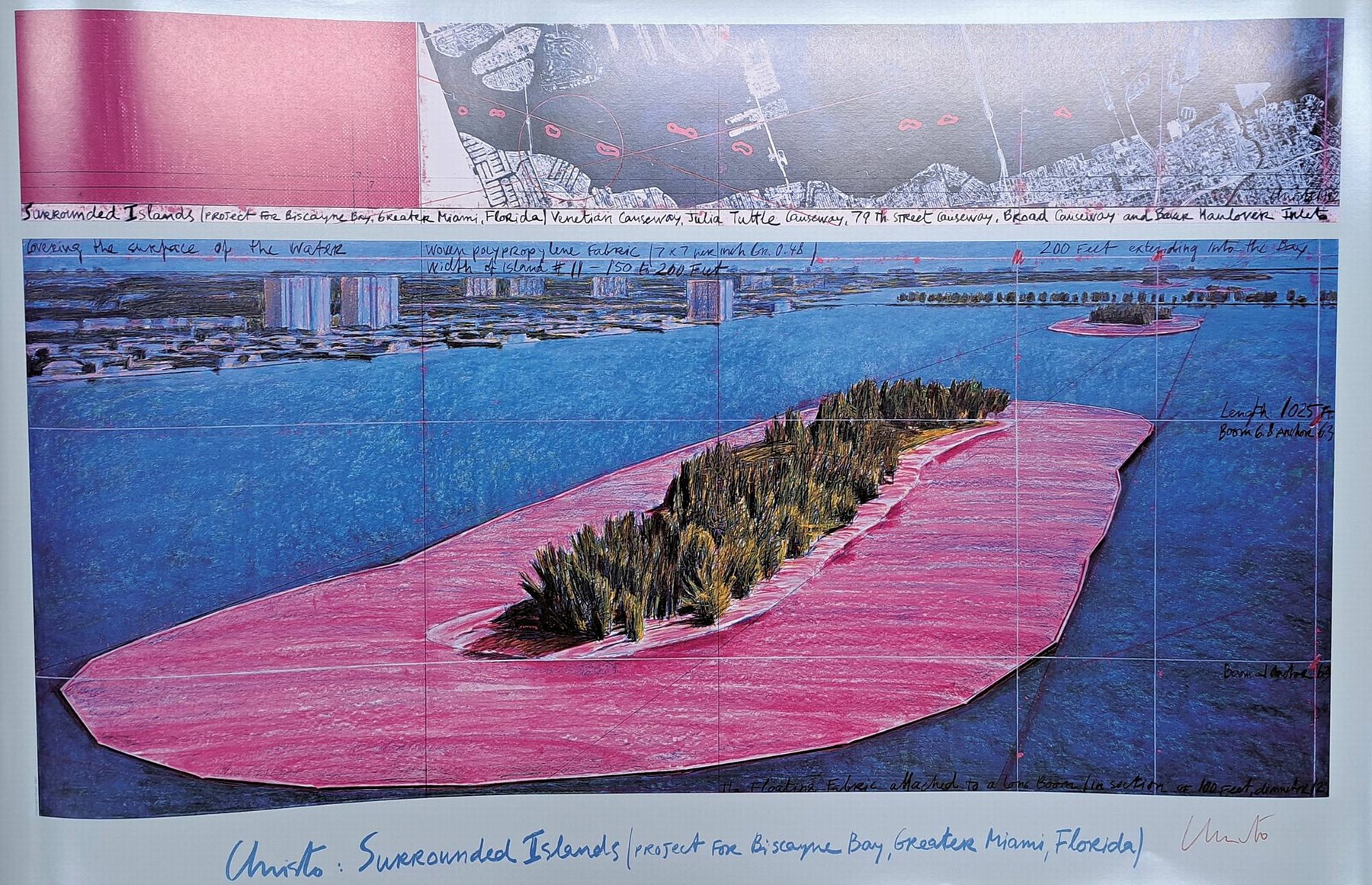 Christo geb. 1935, "Surroundet Islands", Kunstdruck 1982, handsign., offsetlitho auf dünnem Karton, 99x63,5 cm, knick am oberen Rand